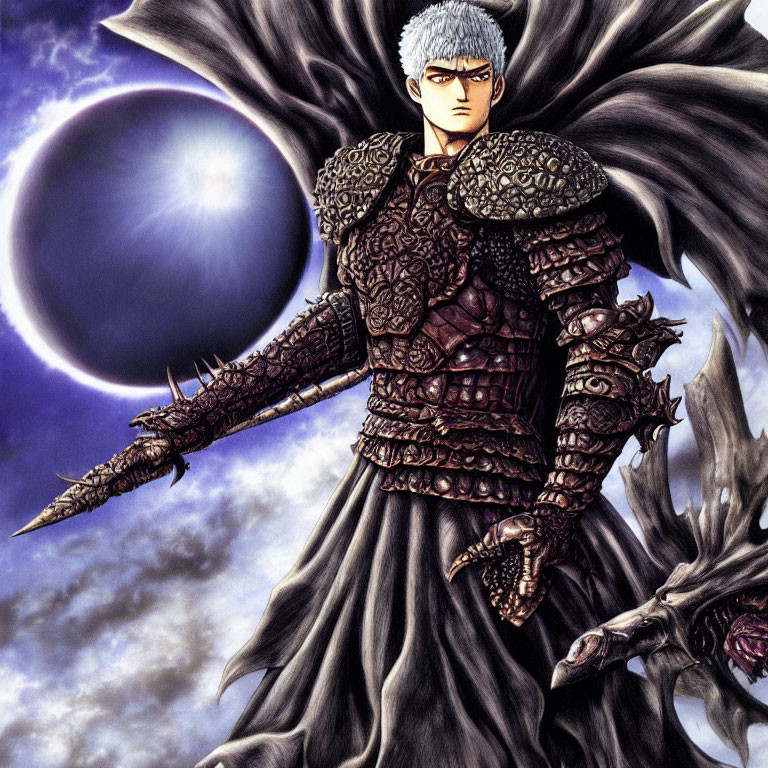 Animated character in ornate black armor with fur cloak against stark eclipse