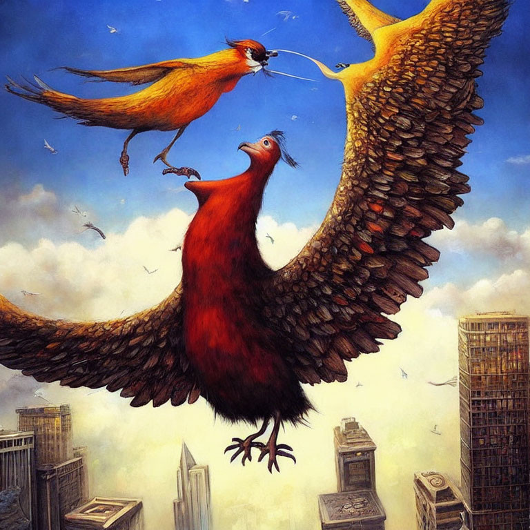 Giant red and orange birds feeding mid-air above cityscape