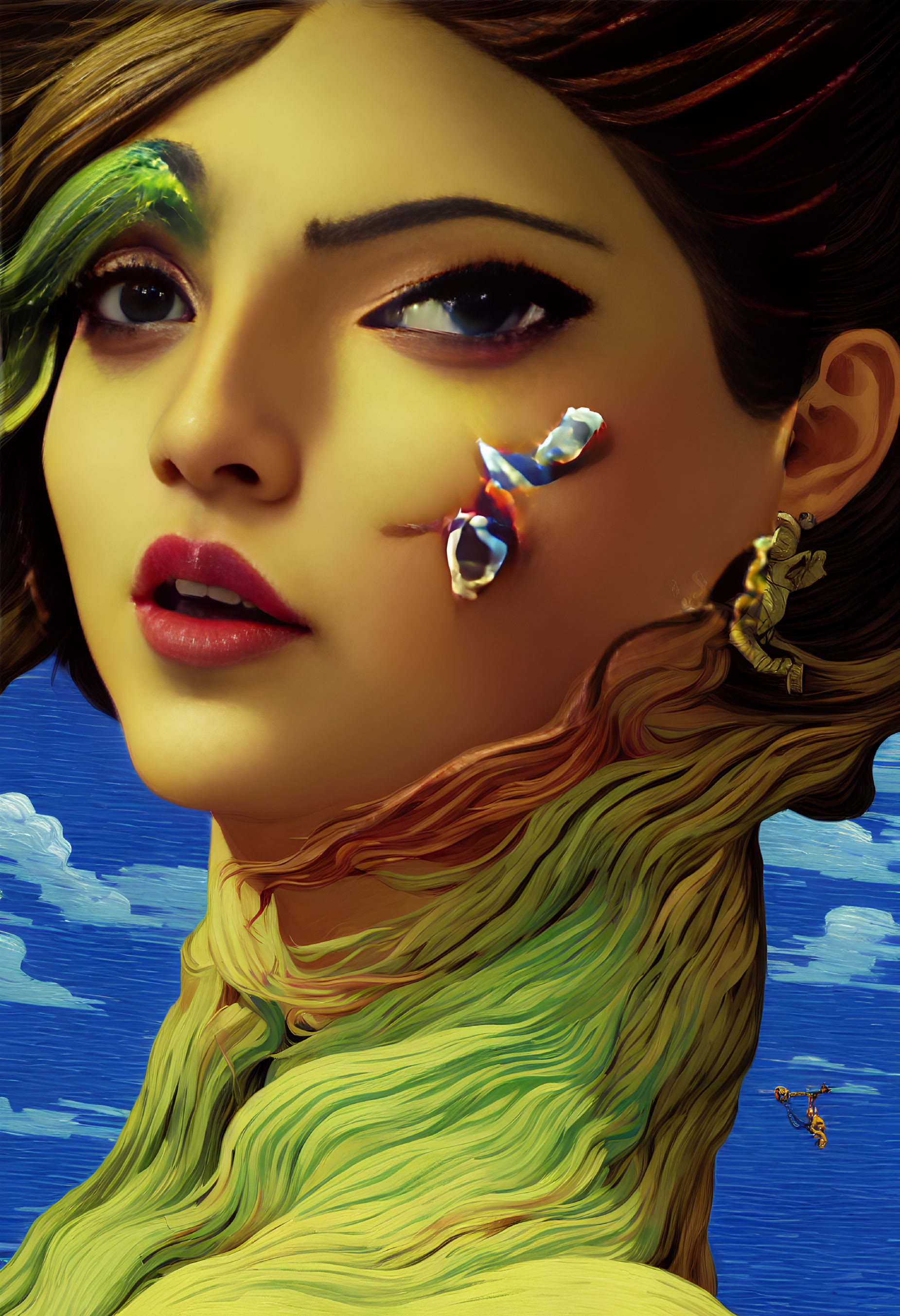 Colorful Swirling Patterns on Woman's Skin with Dragon Earring and Ship Detail