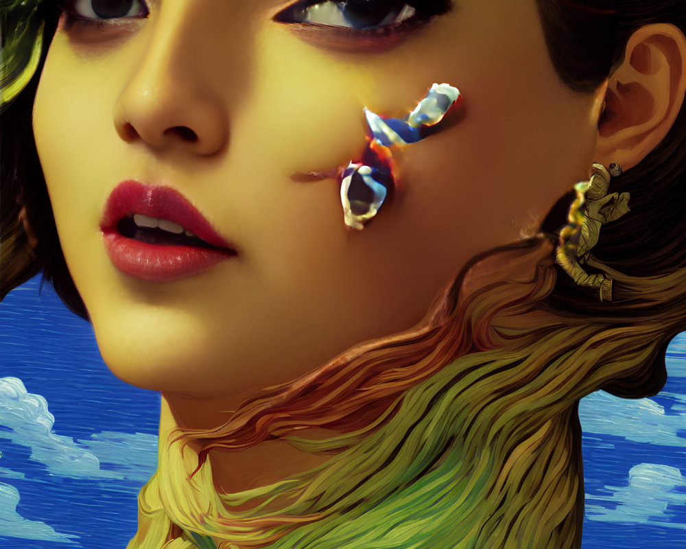 Colorful Swirling Patterns on Woman's Skin with Dragon Earring and Ship Detail