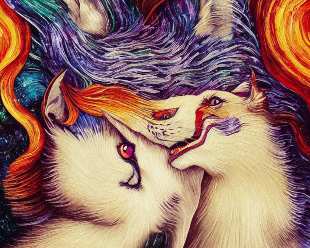 Colorful Yin-Yang Composition of Two Wolves in Swirling Lines