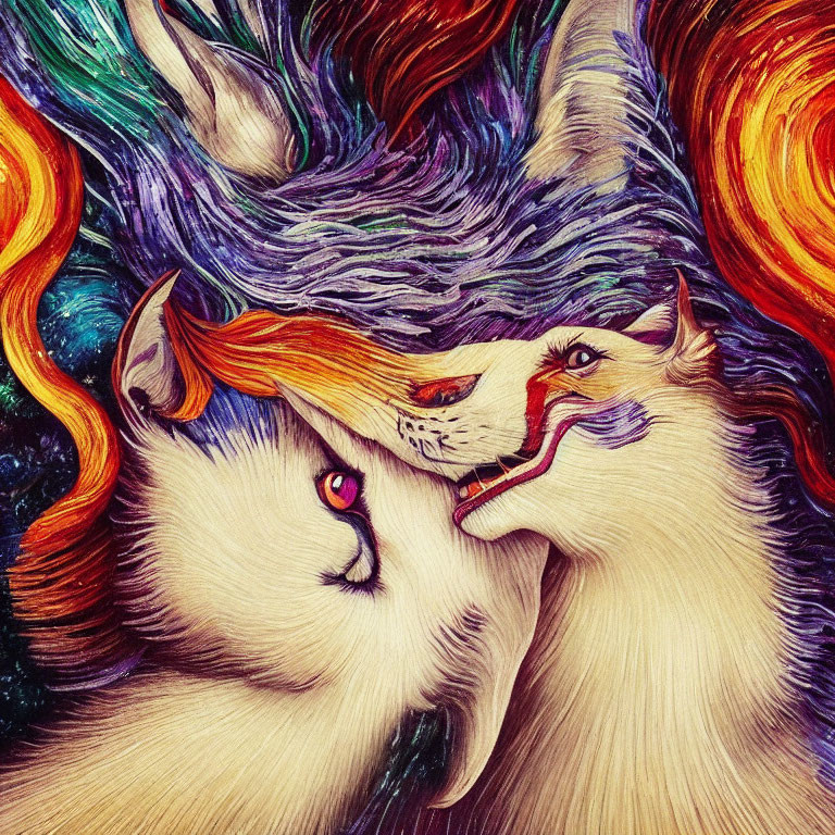 Colorful Yin-Yang Composition of Two Wolves in Swirling Lines