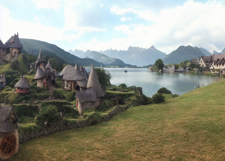 Tranquil village with thatched-roof cottages by serene lake