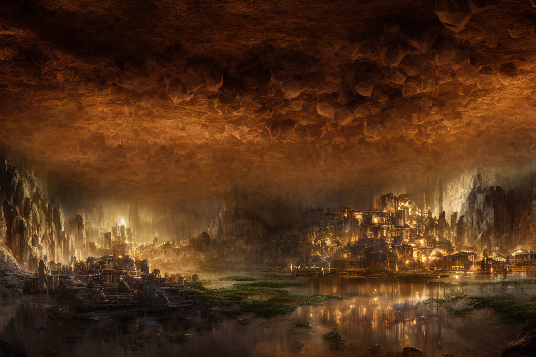 Subterranean Cityscape with Towering Structures and Stalactites