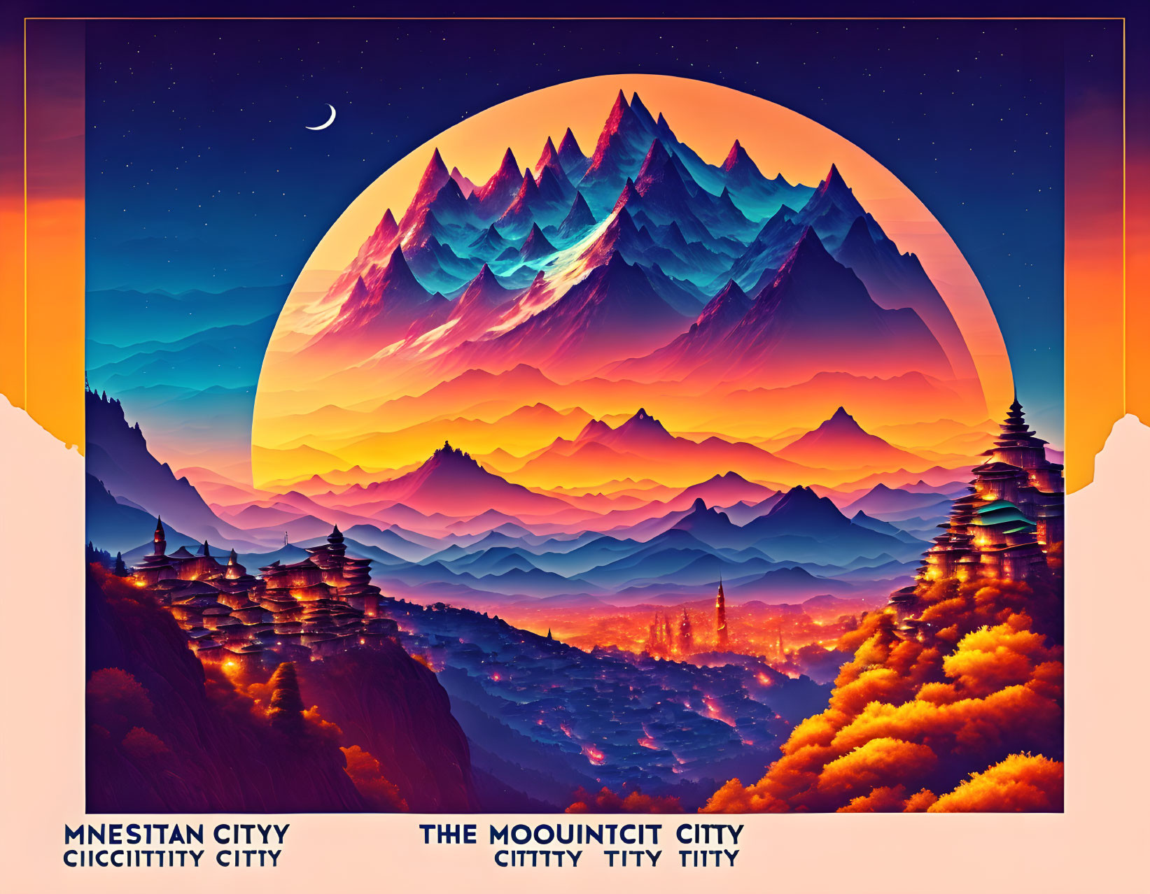 Fantasy mountain city digital artwork with sunset colors