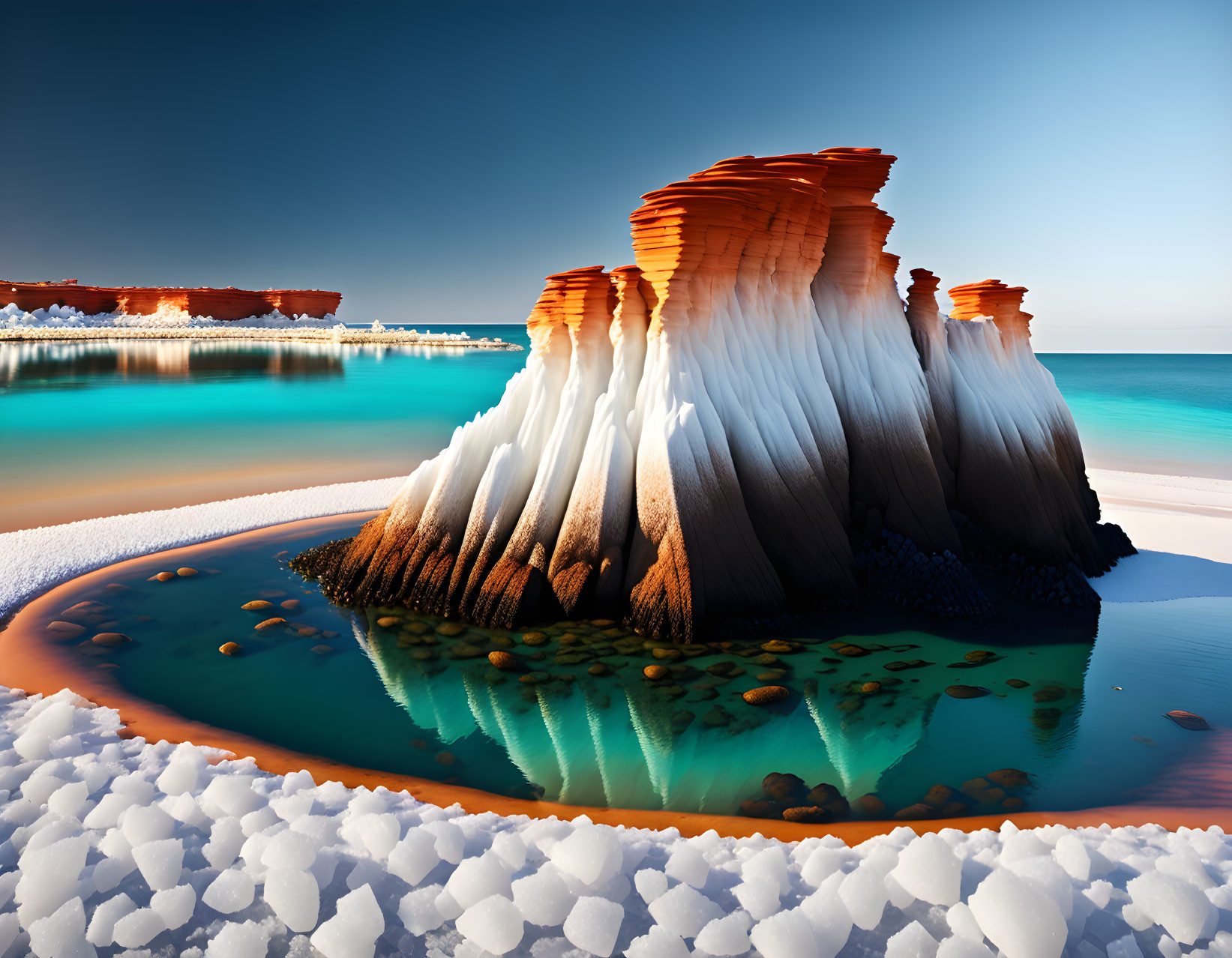 Vibrant thermal pool with layered rock formations