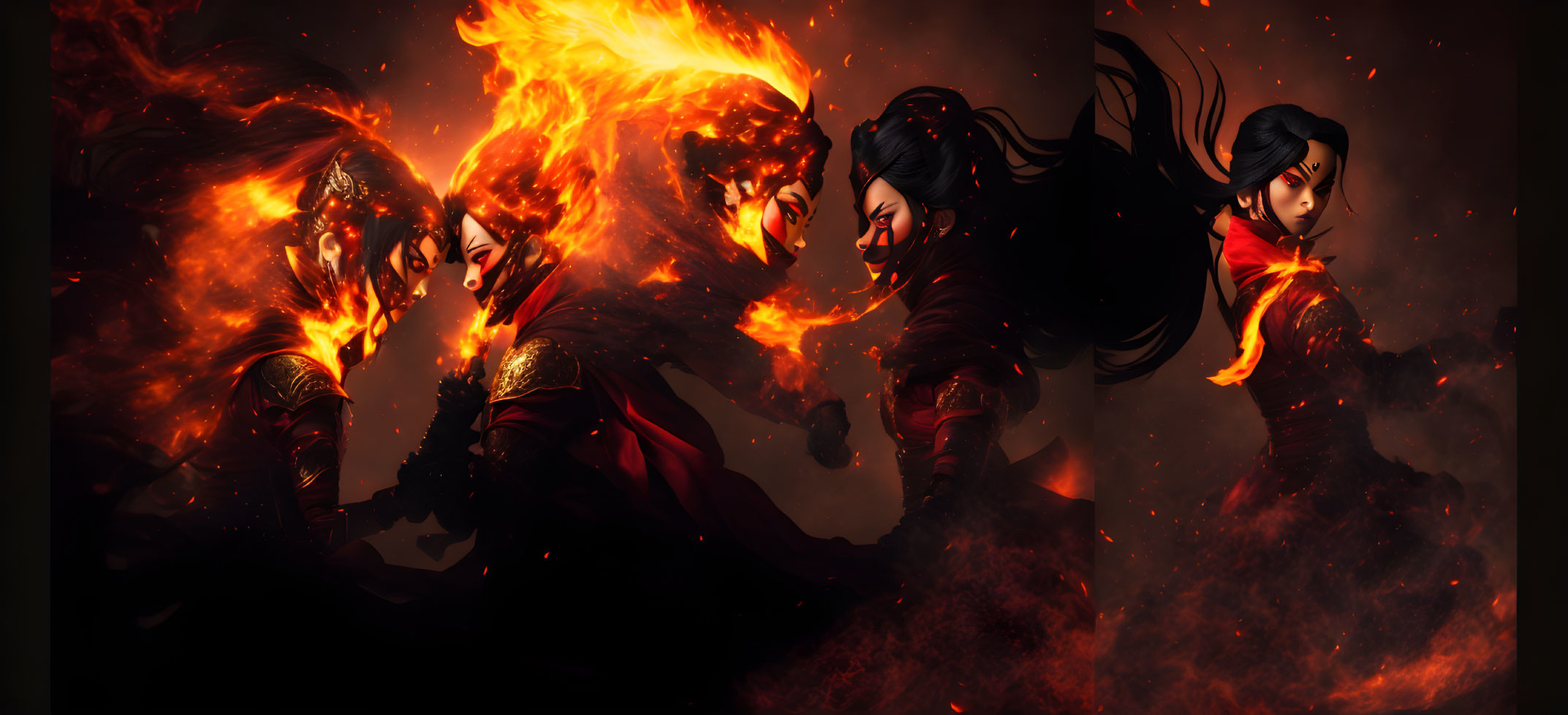 Dynamic Battle Attire Figures Amidst Flames