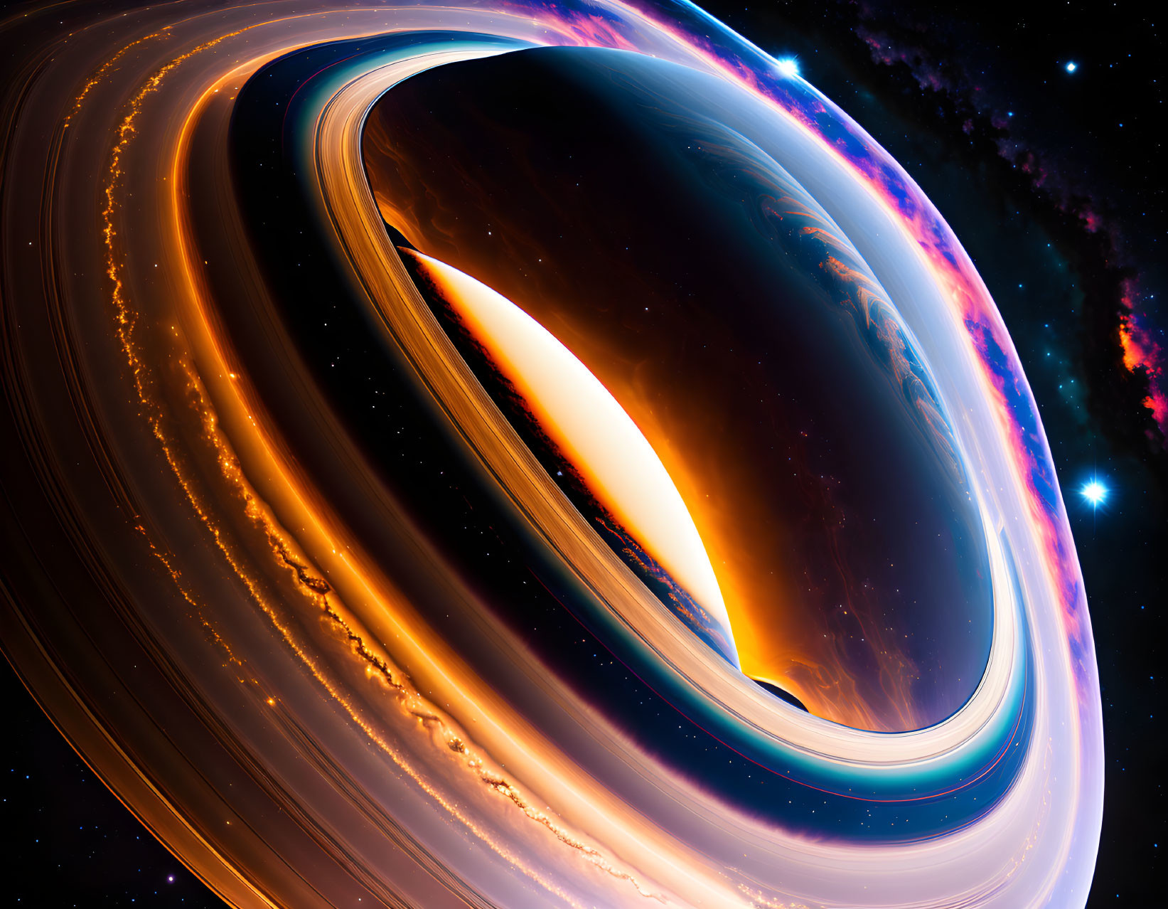 Colorful digital artwork: Celestial scene with ringed planet in cosmic backdrop