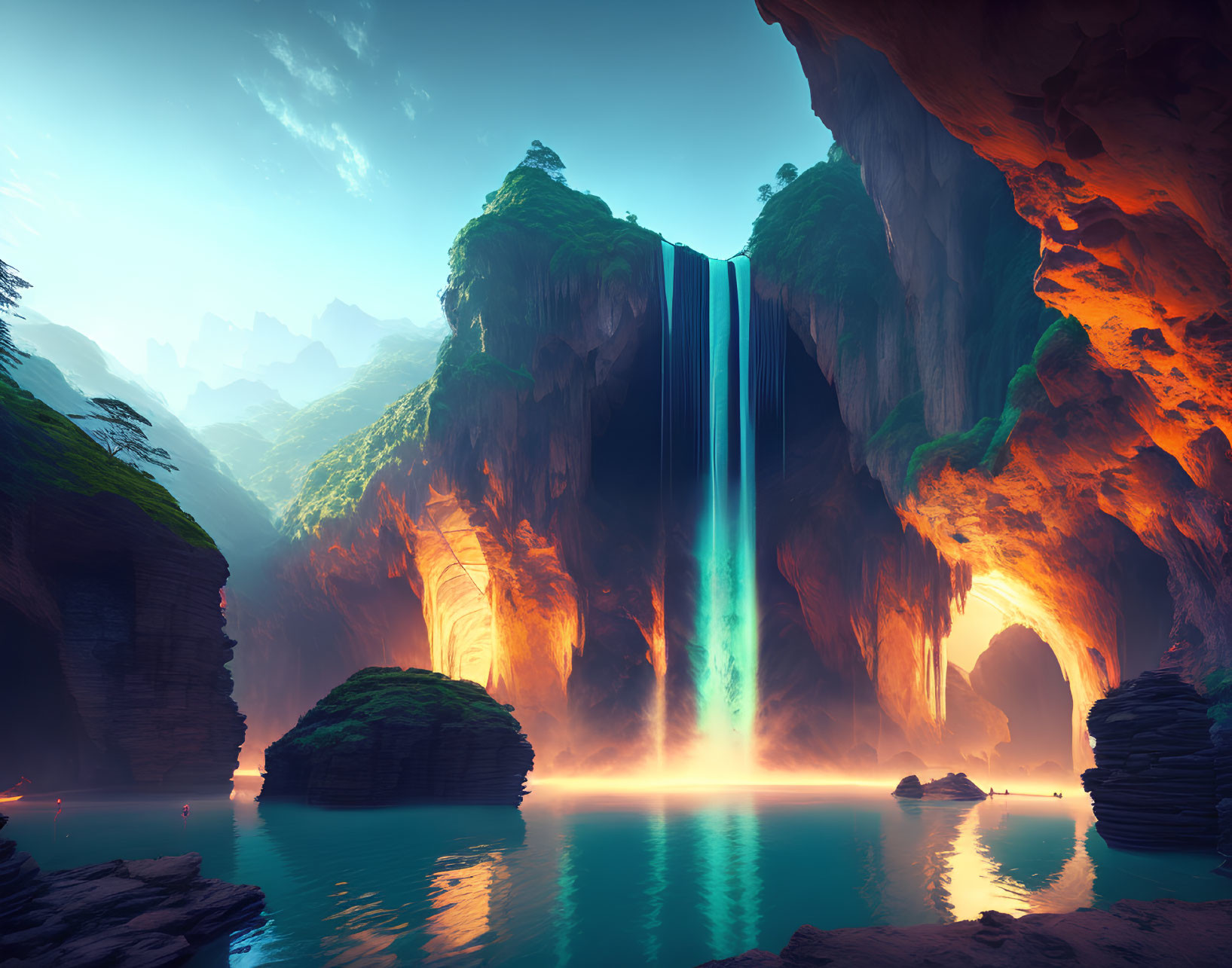 Vibrant surreal landscape with luminous waterfall and serene lake