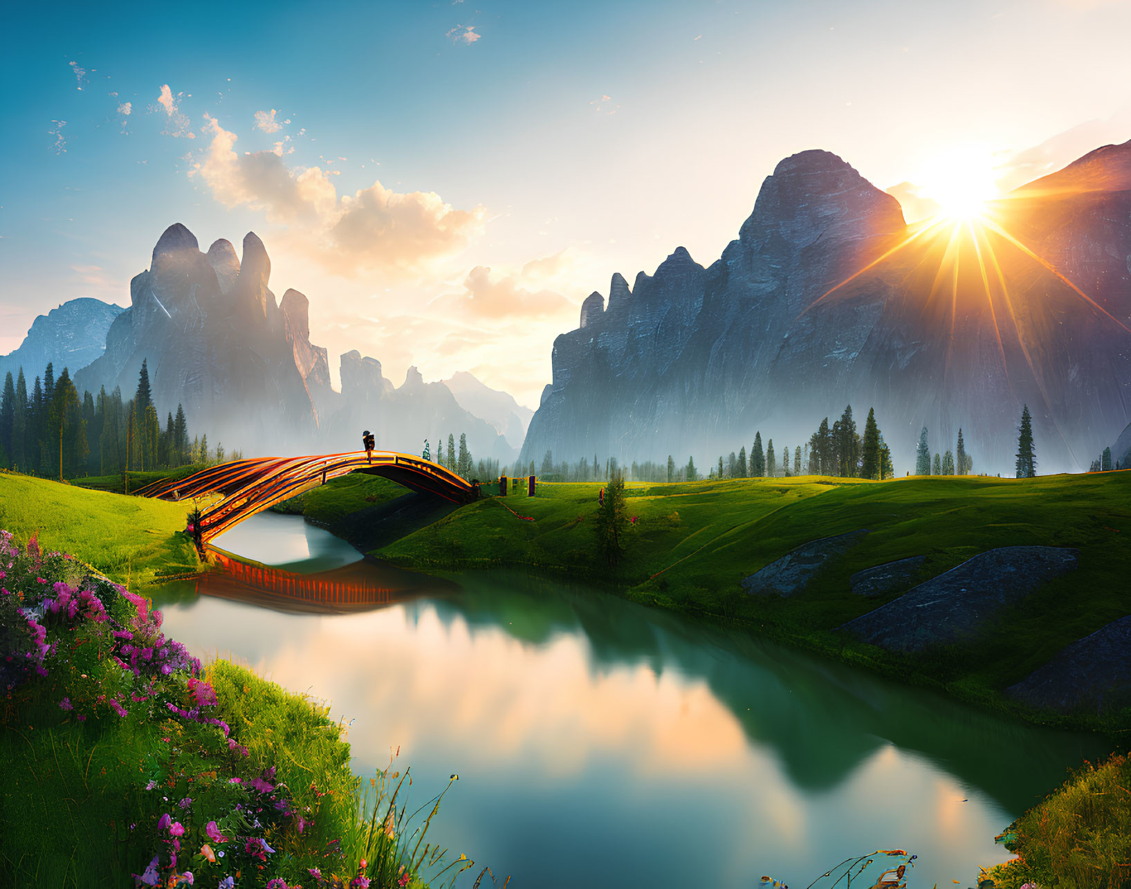 Scenic sunset view: wooden bridge, calm lake, lush greenery, mountain peaks, vibrant sky