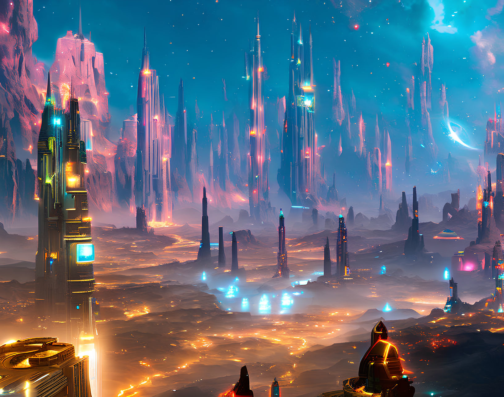 Futuristic cityscape with luminescent towers and alien landscape