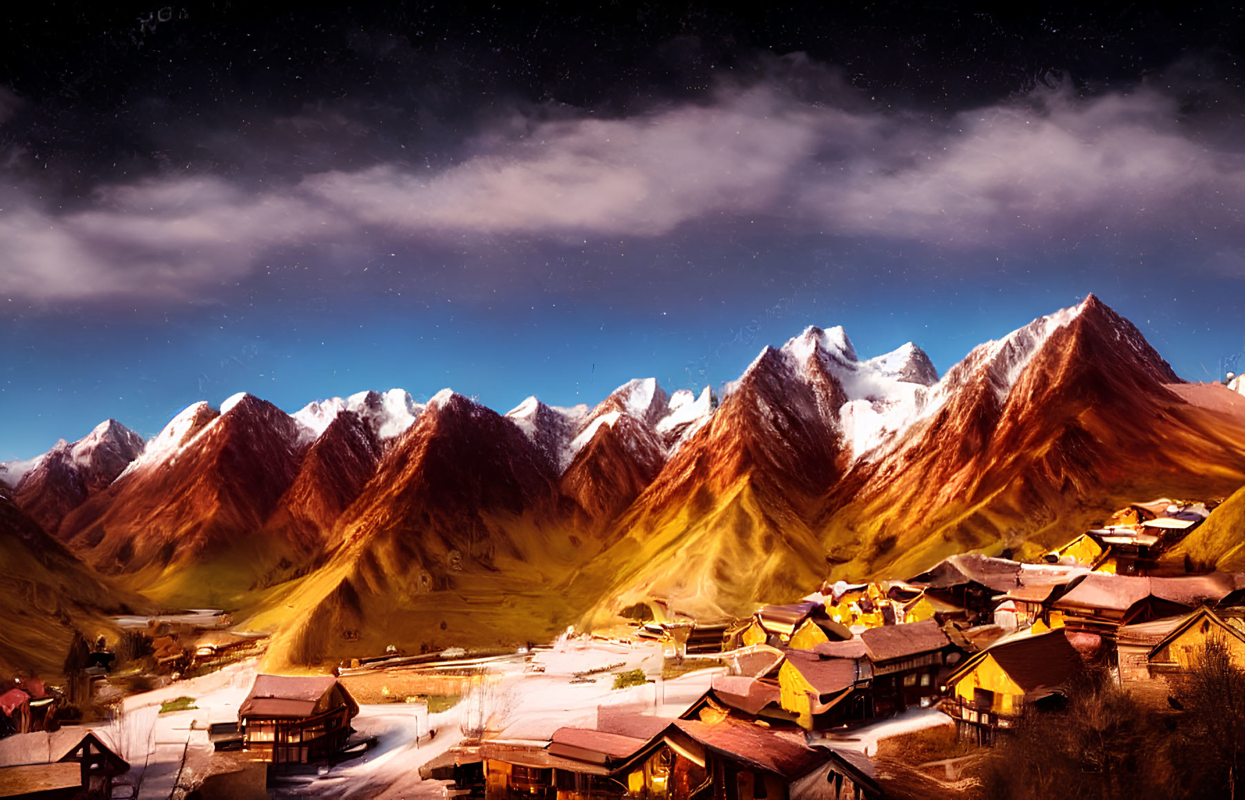 Snow-covered mountain village at dusk with glowing houses under starry sky