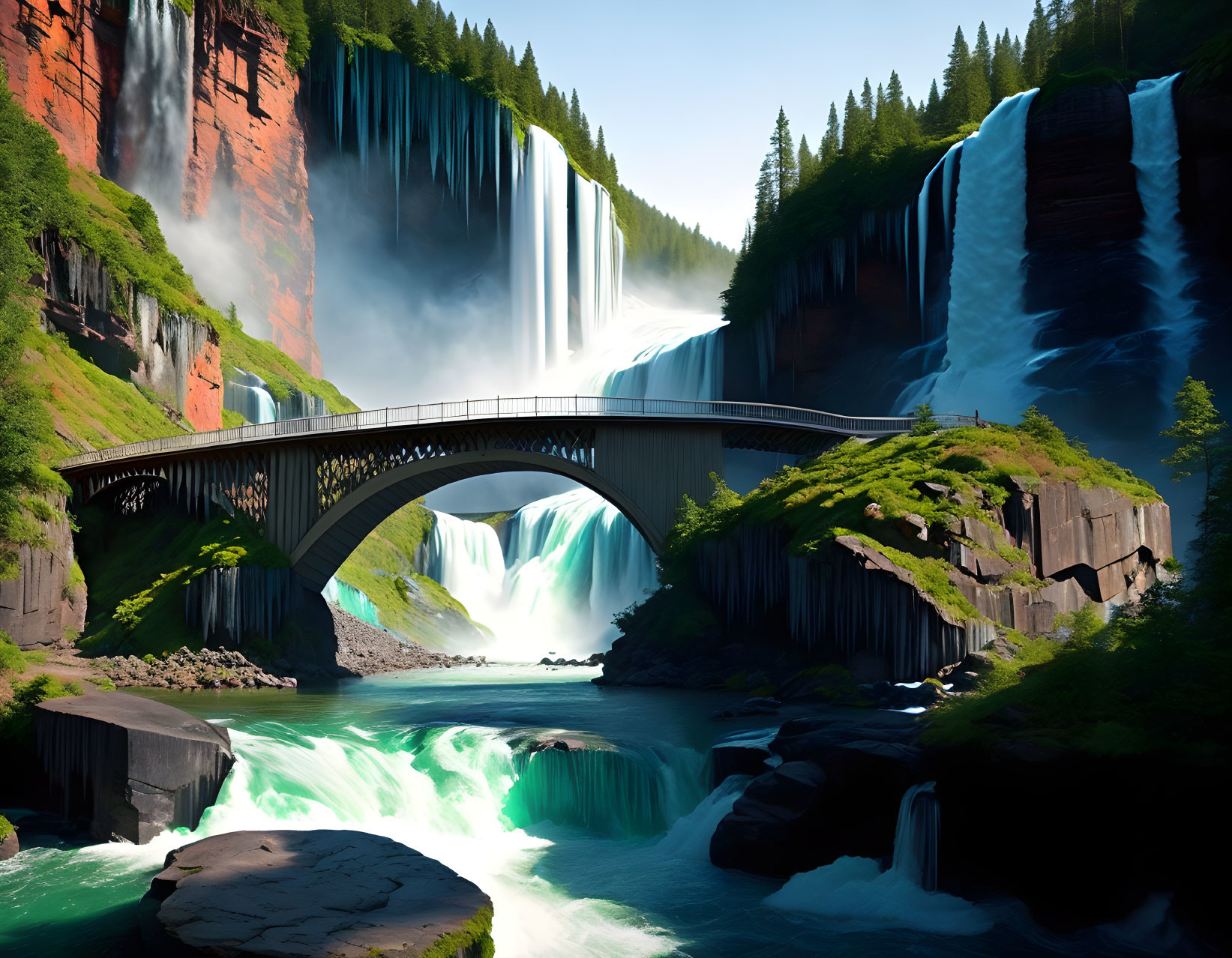 Scenic landscape: waterfalls, turquoise river, lush greenery, cliffs, arched bridge