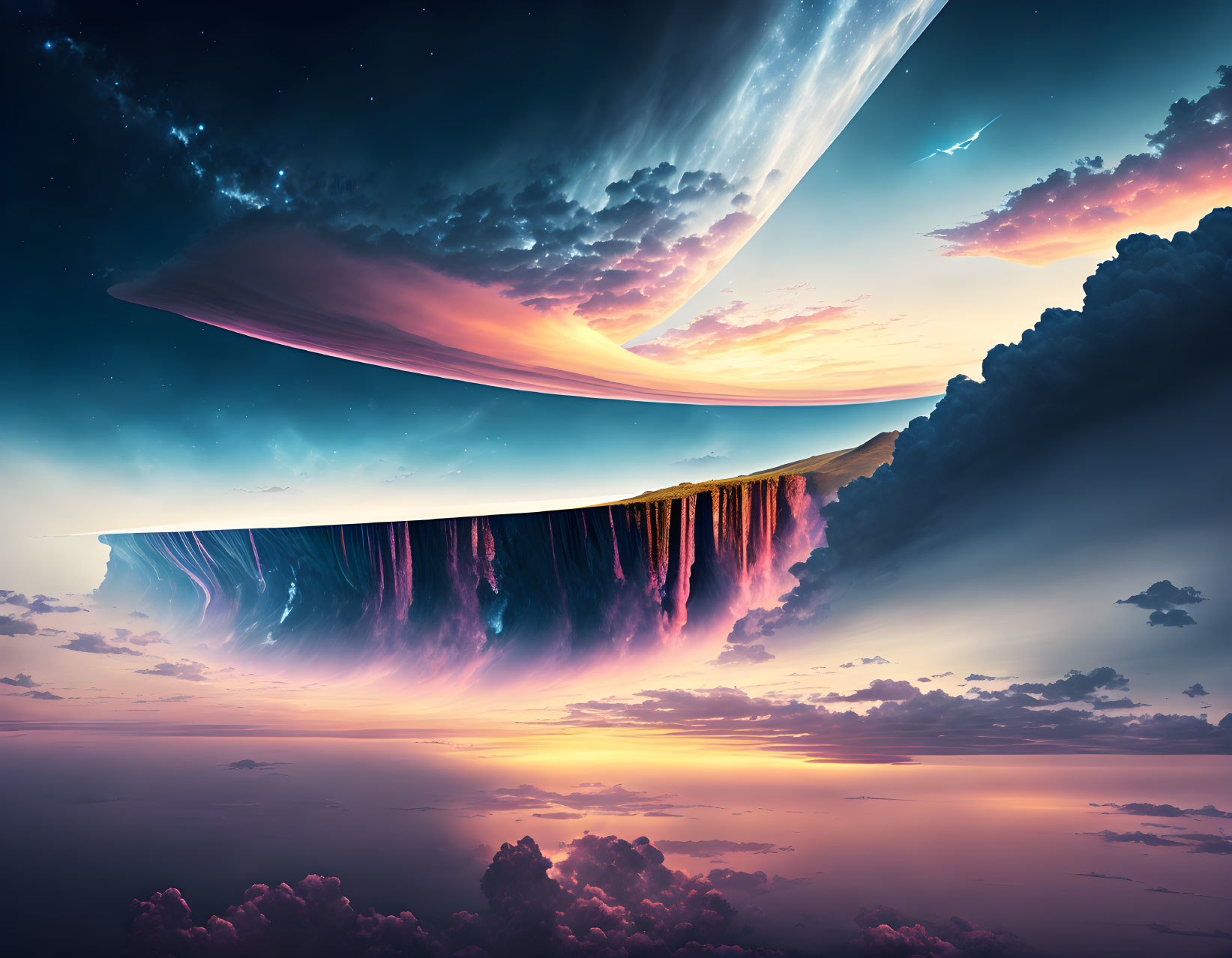 Surreal landscape with ringed planet, waterfall, shooting stars in vibrant sunset sky