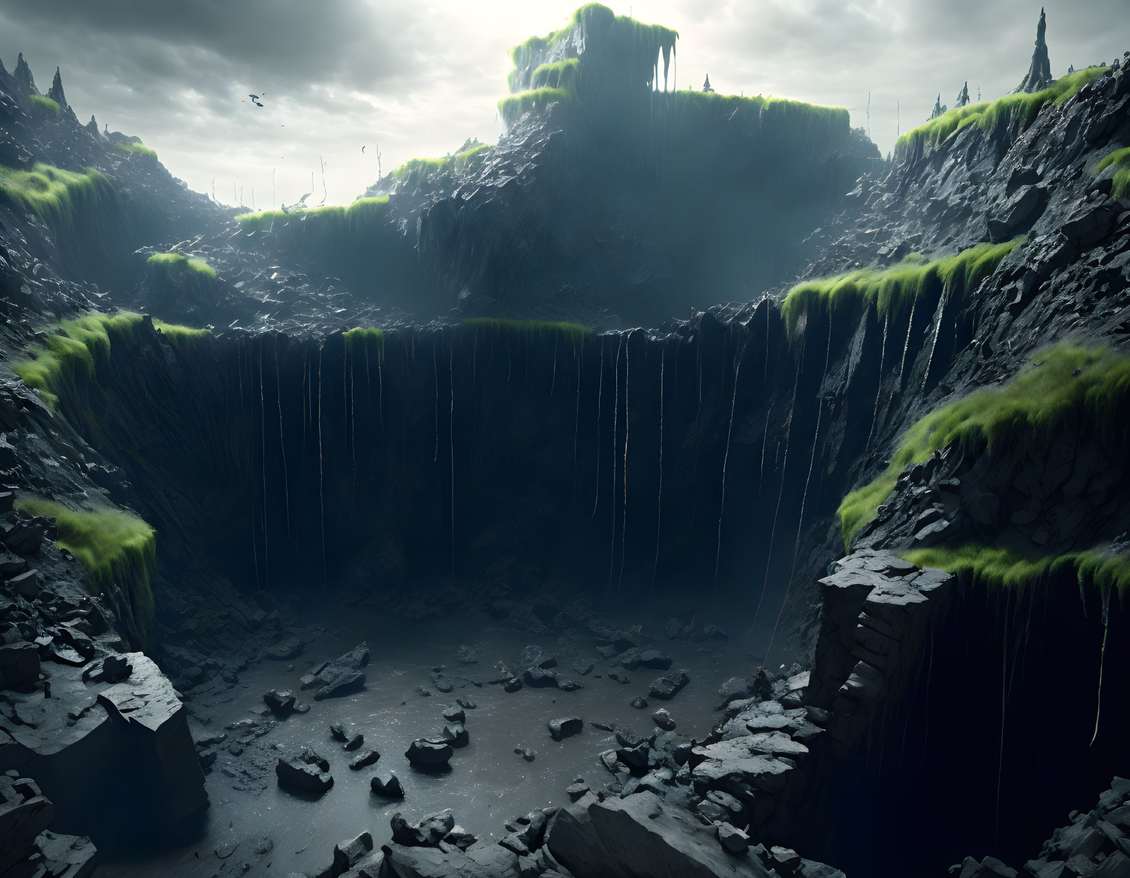 Rocky quarry with greenery under cloudy sky