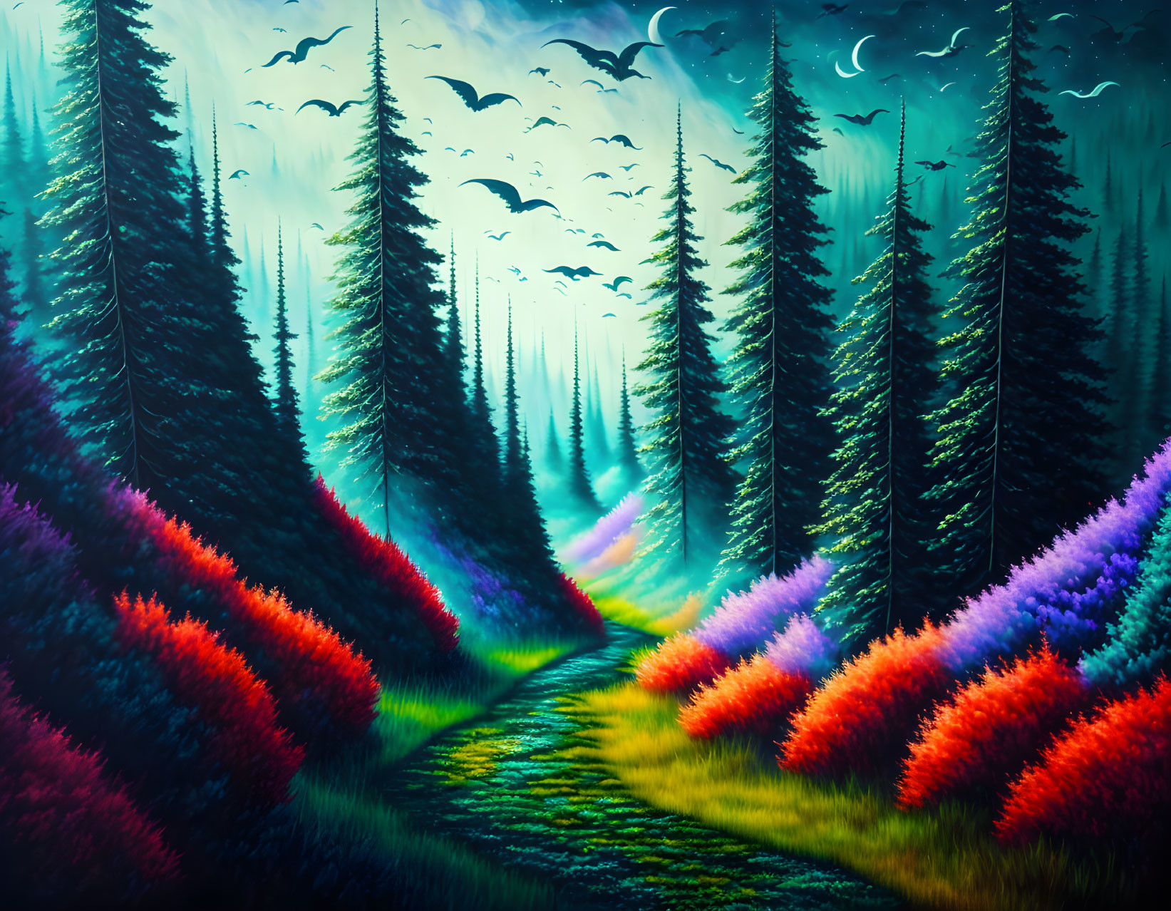 Mystical forest painting with colorful foliage and night sky