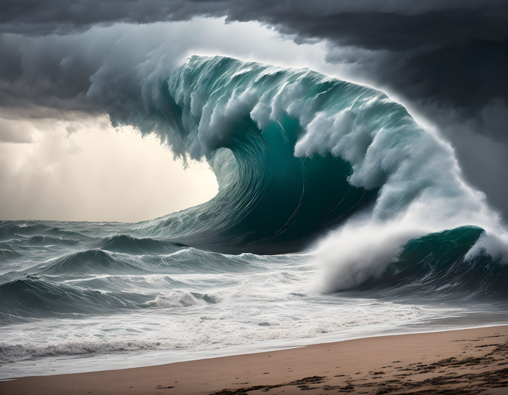 Gigantic curling wave over turbulent seas and sandy beach