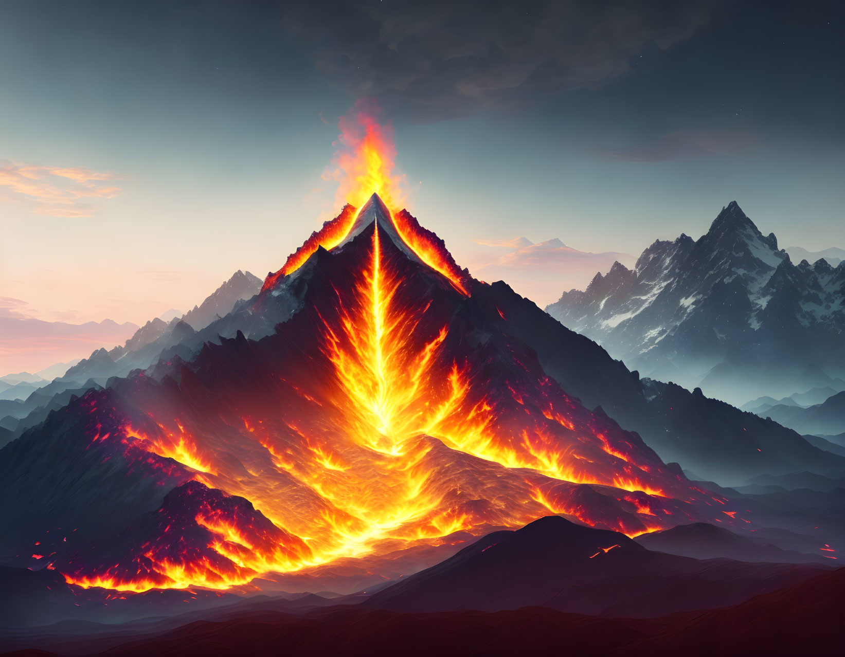 Erupting volcano with flowing lava in mountainous landscape