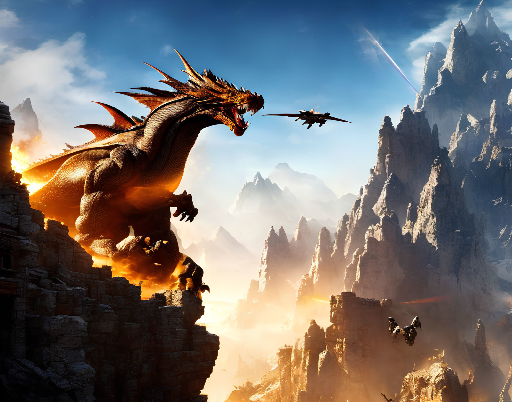 Majestic dragon on castle with mountain peaks and fiery atmosphere