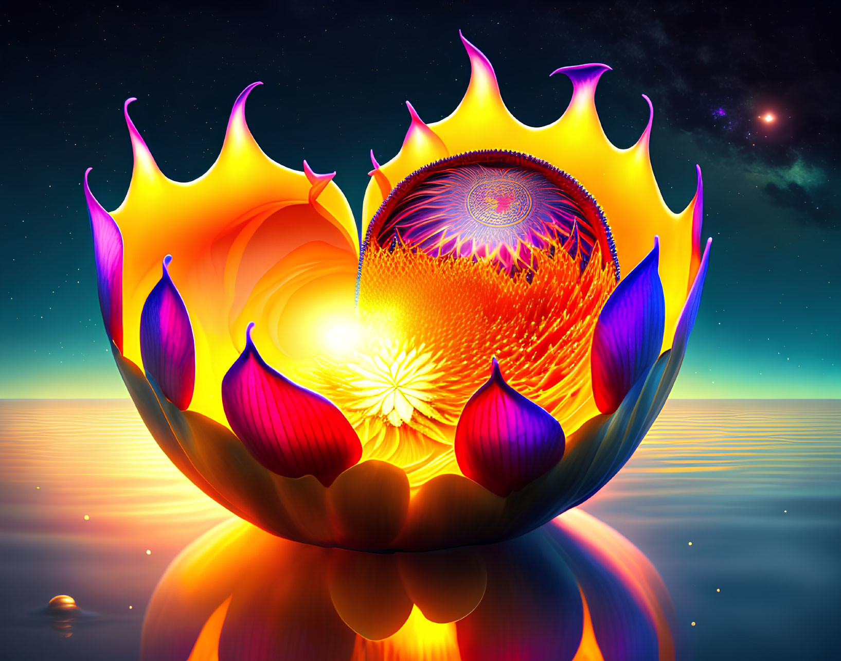 Surreal glowing lotus with flaming petals on water at night