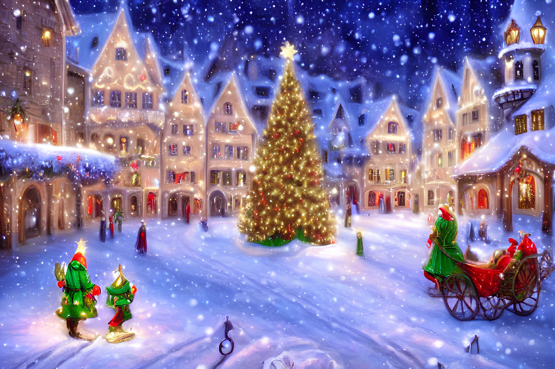 Snow-covered town square with Christmas tree, horse-drawn carriage, and illuminated buildings