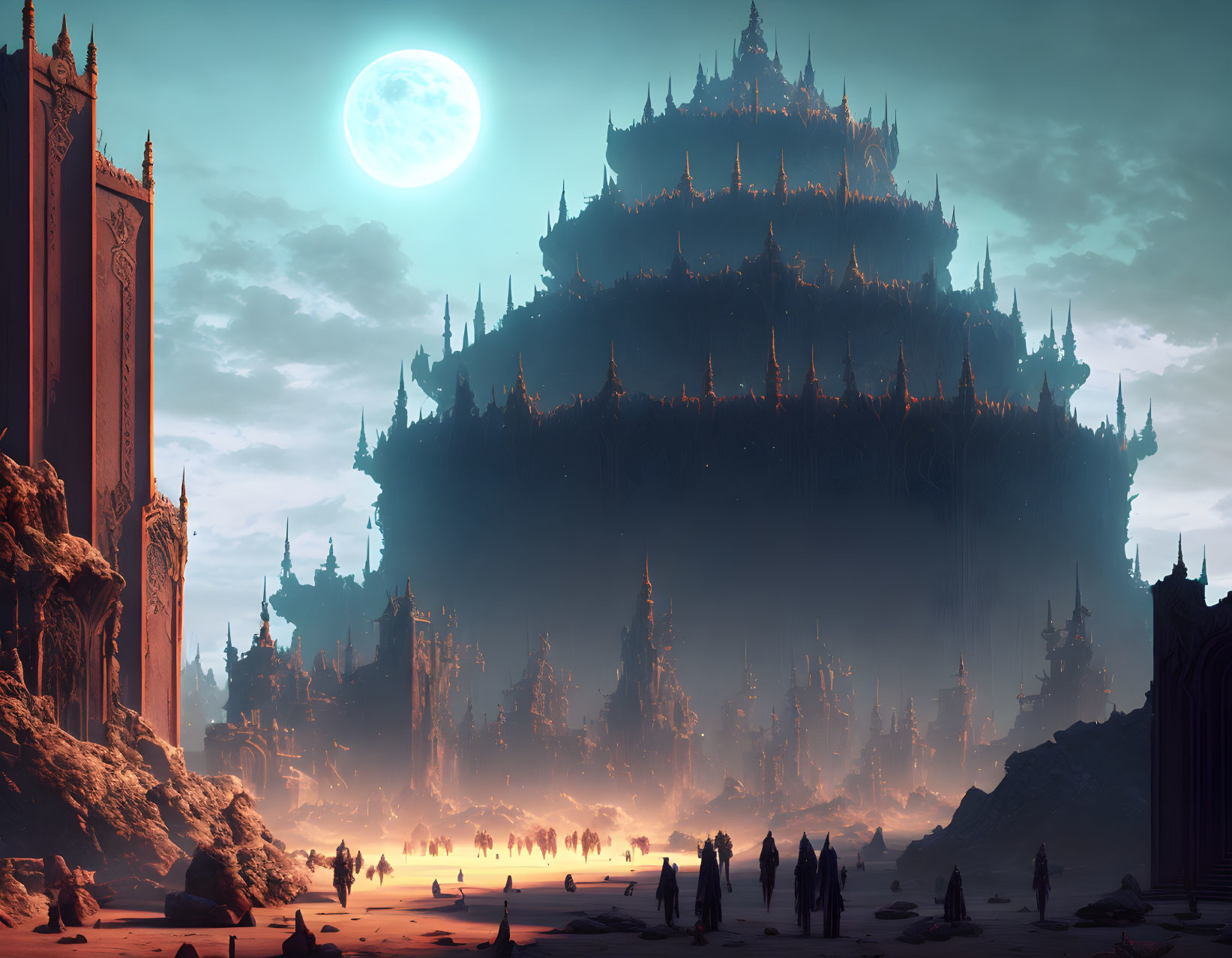 Spires of a floating city under a blue moon with silhouetted figures.