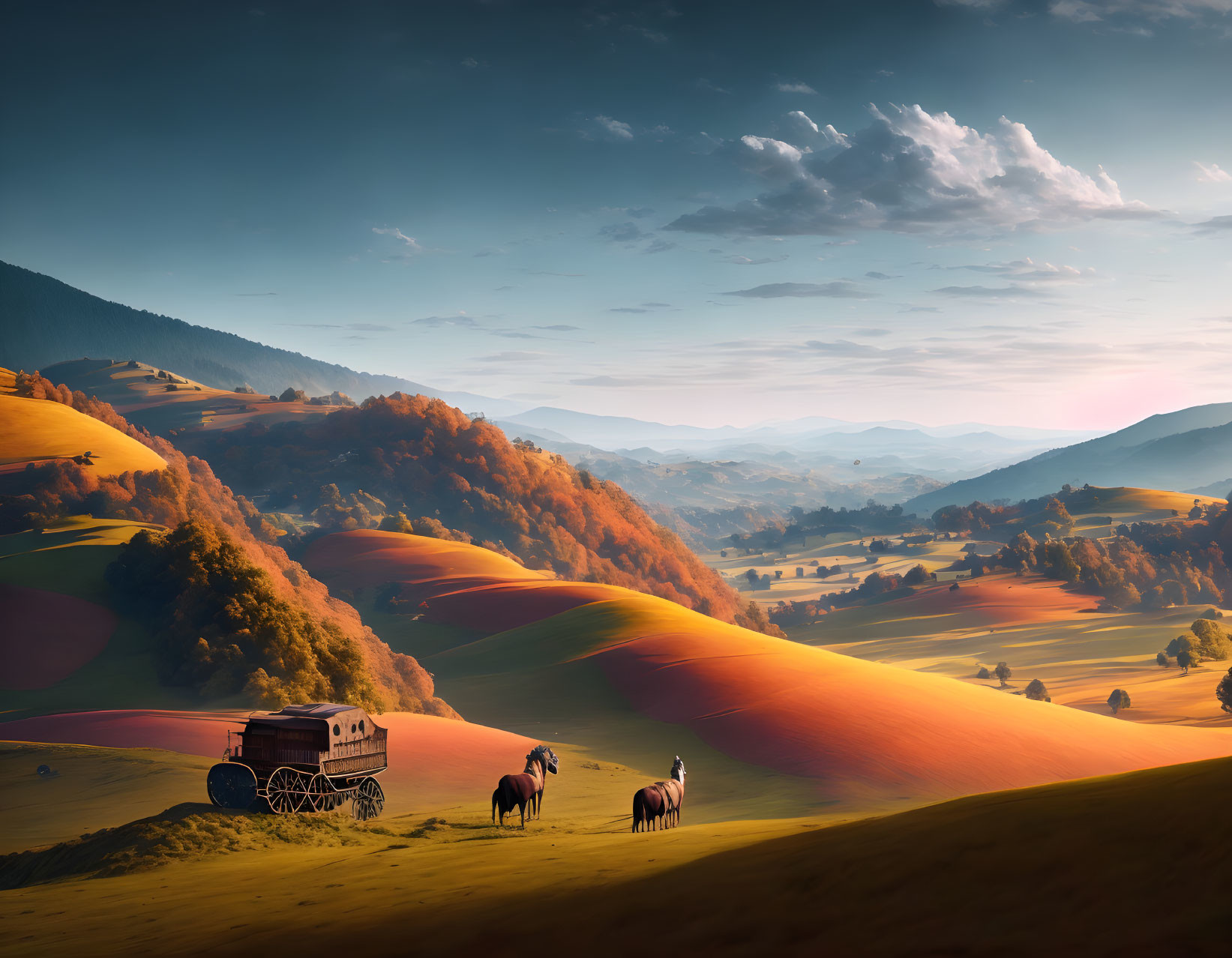 Tranquil pastoral landscape with horses, wagon, rolling hills, and luminous sunset