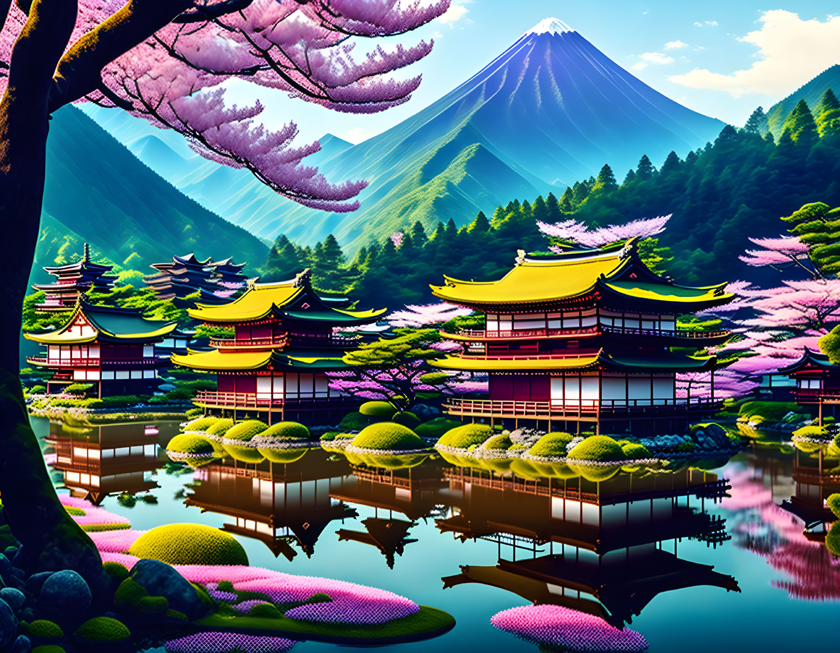 Japanese Landscape: Pagodas, Cherry Blossoms, Mt. Fuji, Lake Reflections