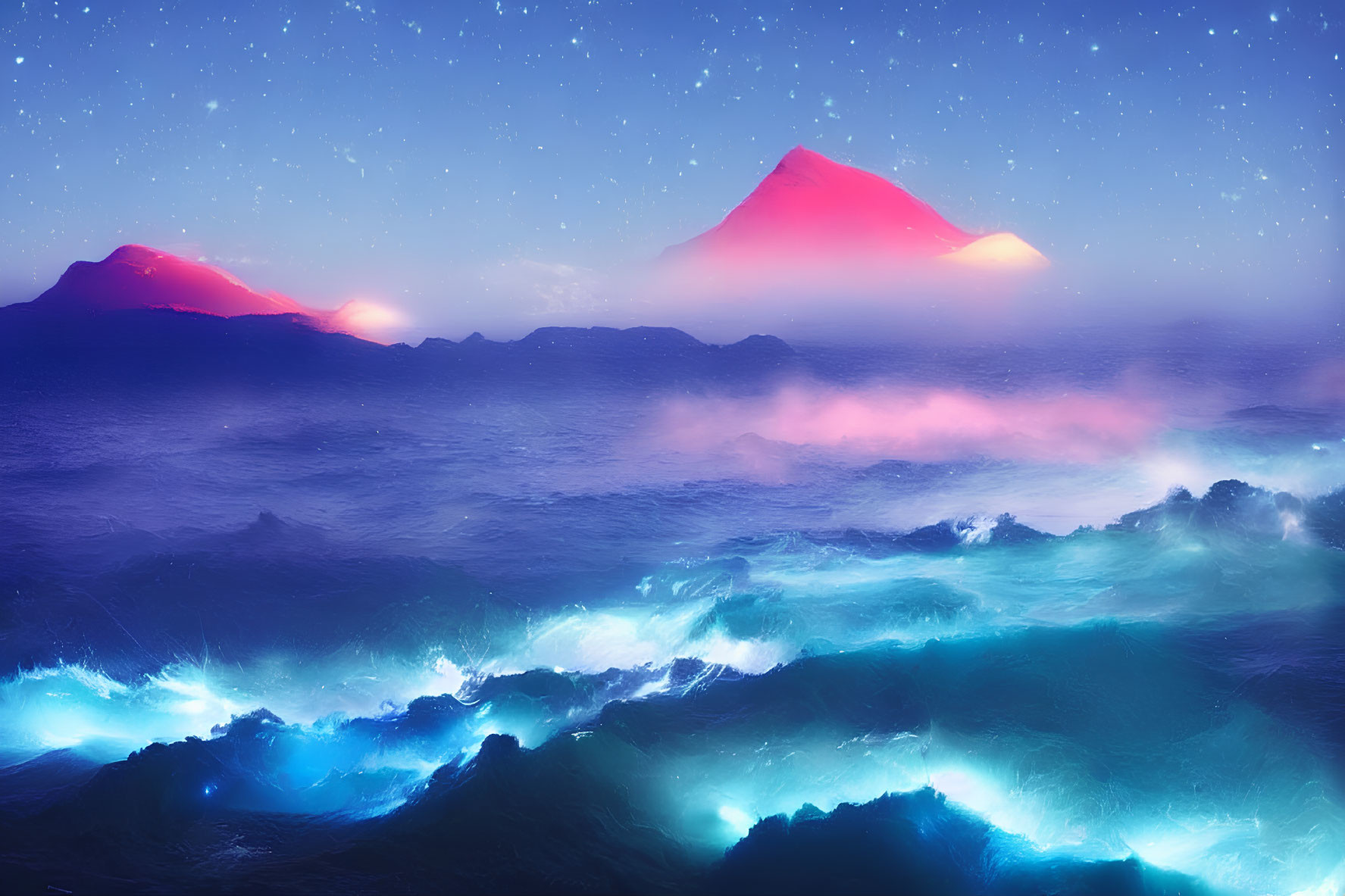 Surreal seascape digital artwork with bioluminescent waves and glowing twin peaks