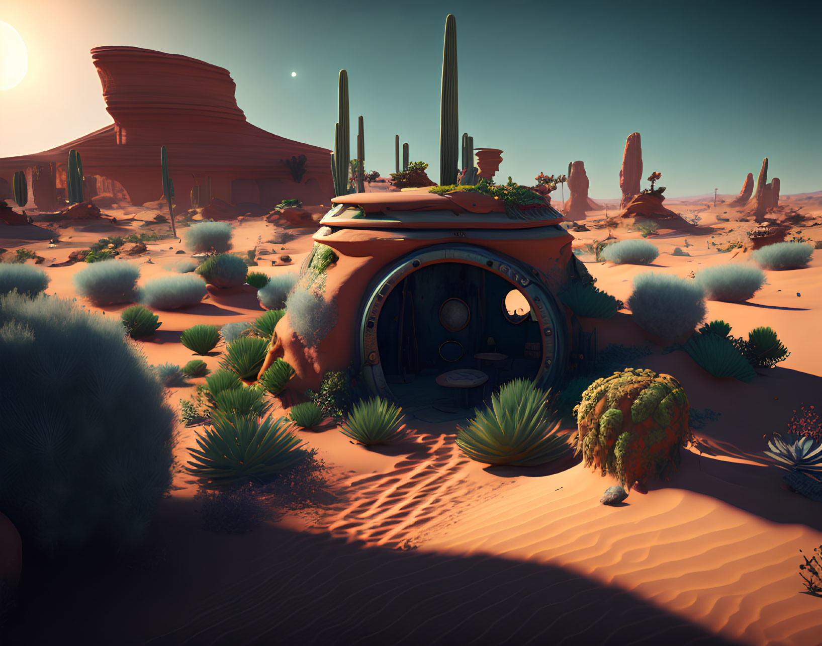 Circular door futuristic pod structure in desert with cacti and red rocks