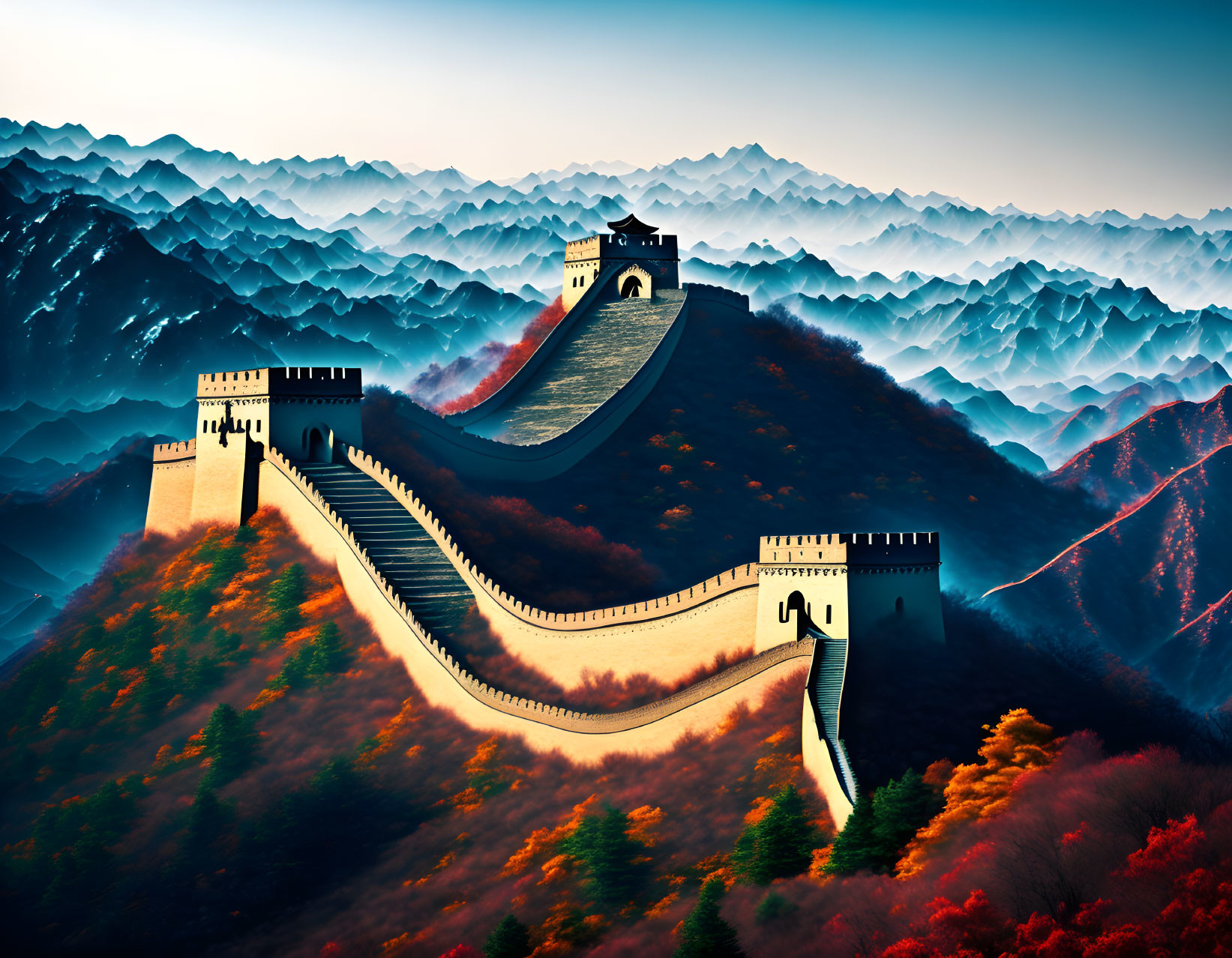 Majestic Great Wall of China winding through forested mountains