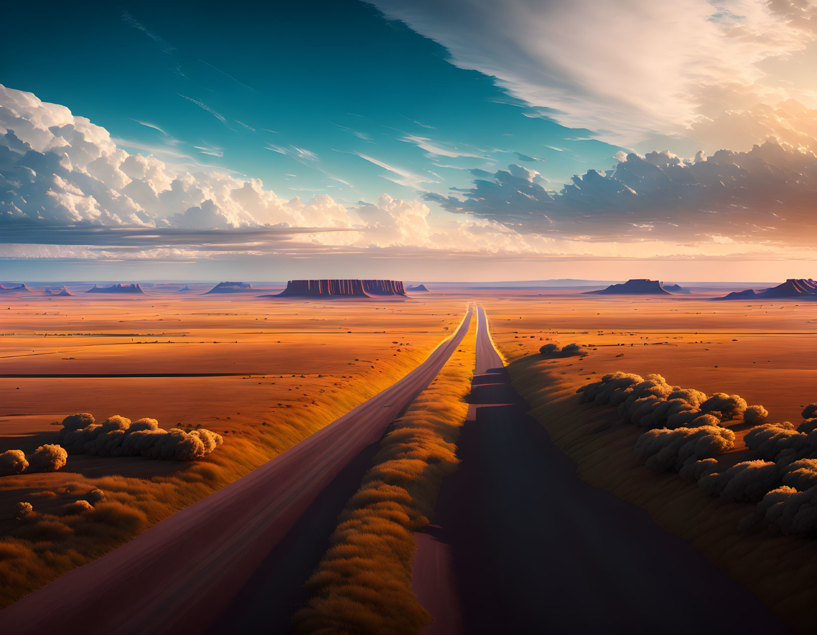 Straight Road Through Vast Desert with Mesas and Dramatic Sky at Sunrise or Sunset