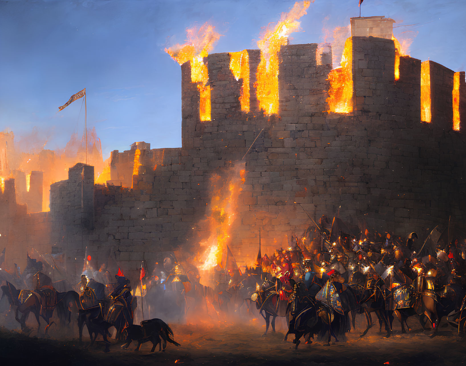 Medieval siege scene with knights attacking burning castle amid smoky battlefield