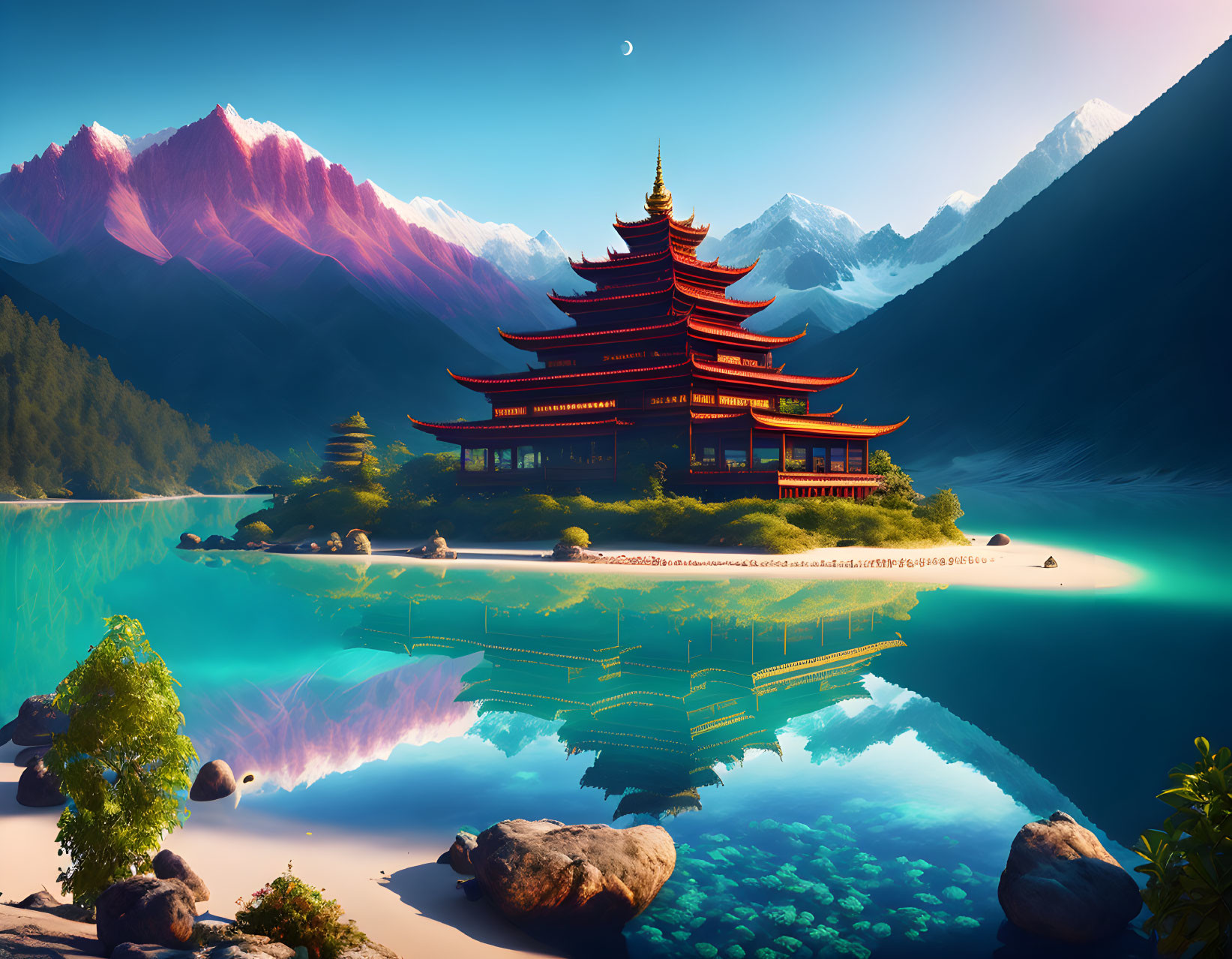 Tranquil lake scene with red pagoda, lush trees, and purple mountains