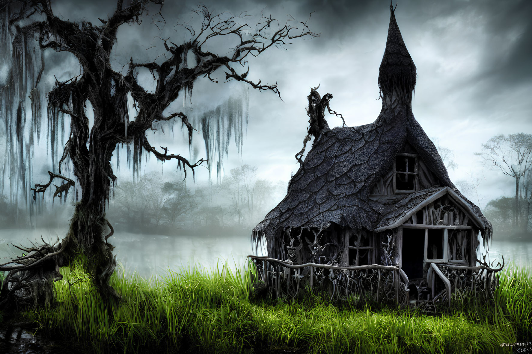 Abandoned haunted house in foggy swamp with eerie trees