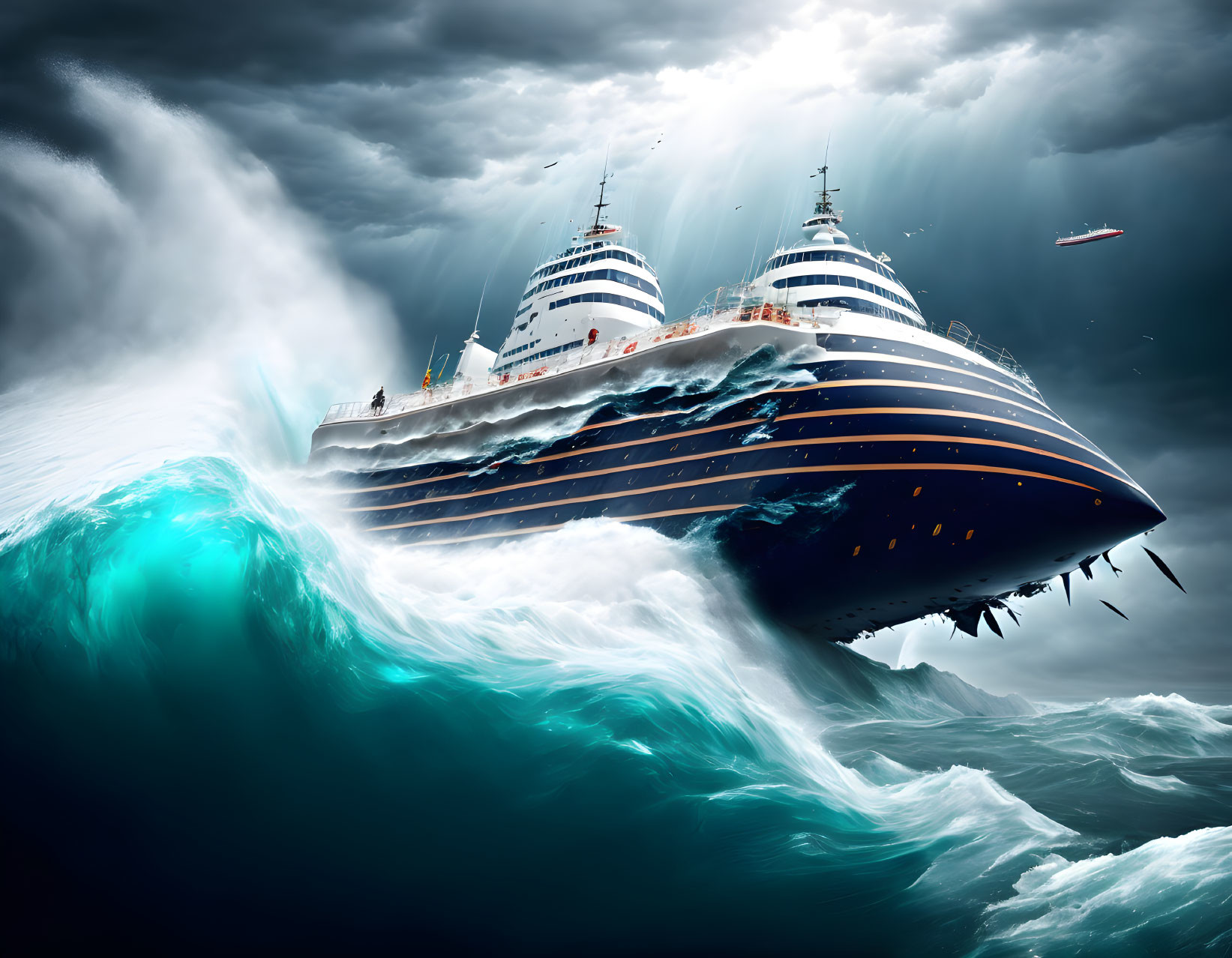 Cruise ship in stormy sea with dramatic sky