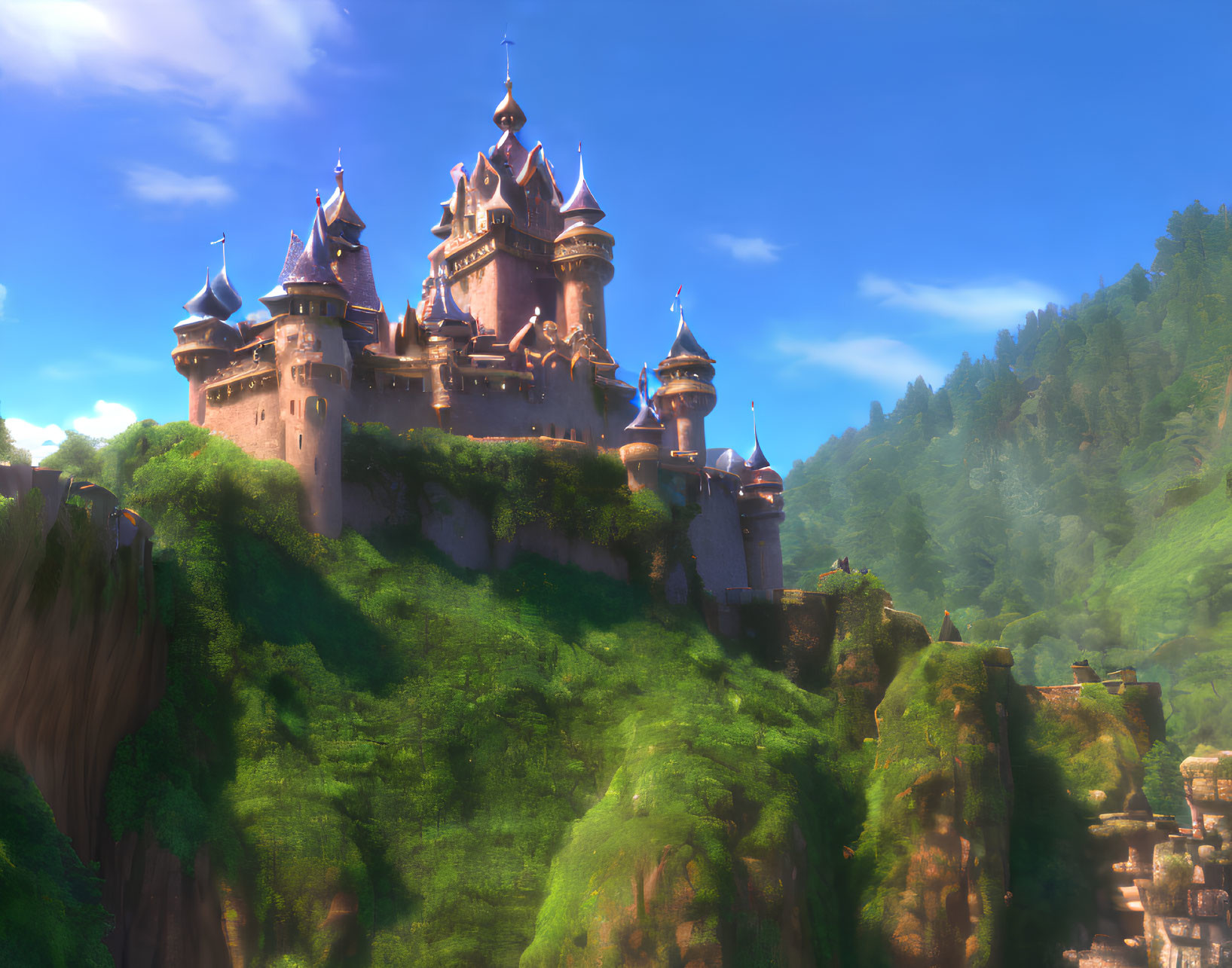 Majestic castle with spires on verdant hillside under soft sunlight