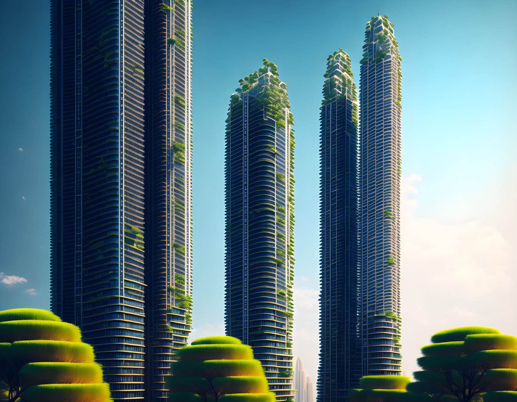 Futuristic high-rise buildings with green balconies and lush trees under blue sky