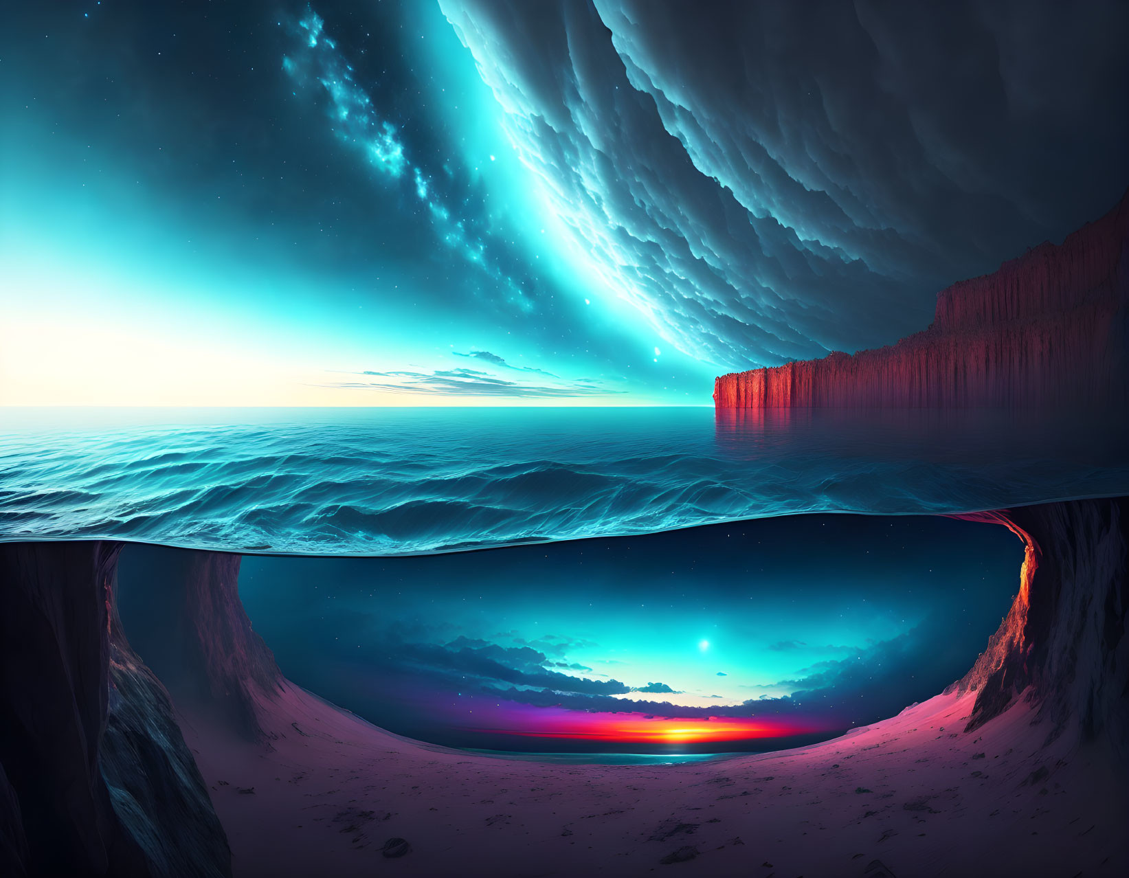 Upside-Down Ocean Above Colorful Horizon: Surreal Mirrored World Landscape