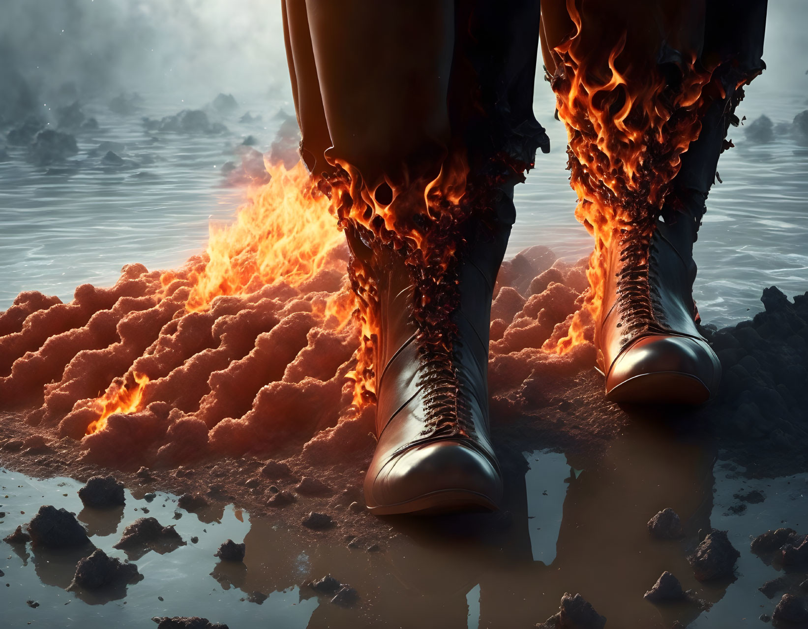 Flaming boots on fiery terrain in dystopian setting