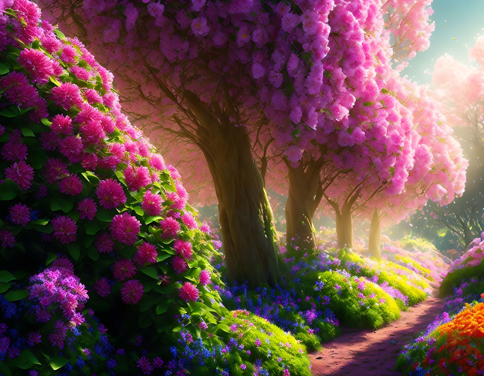 Lush pink and purple flowering trees in vibrant garden path