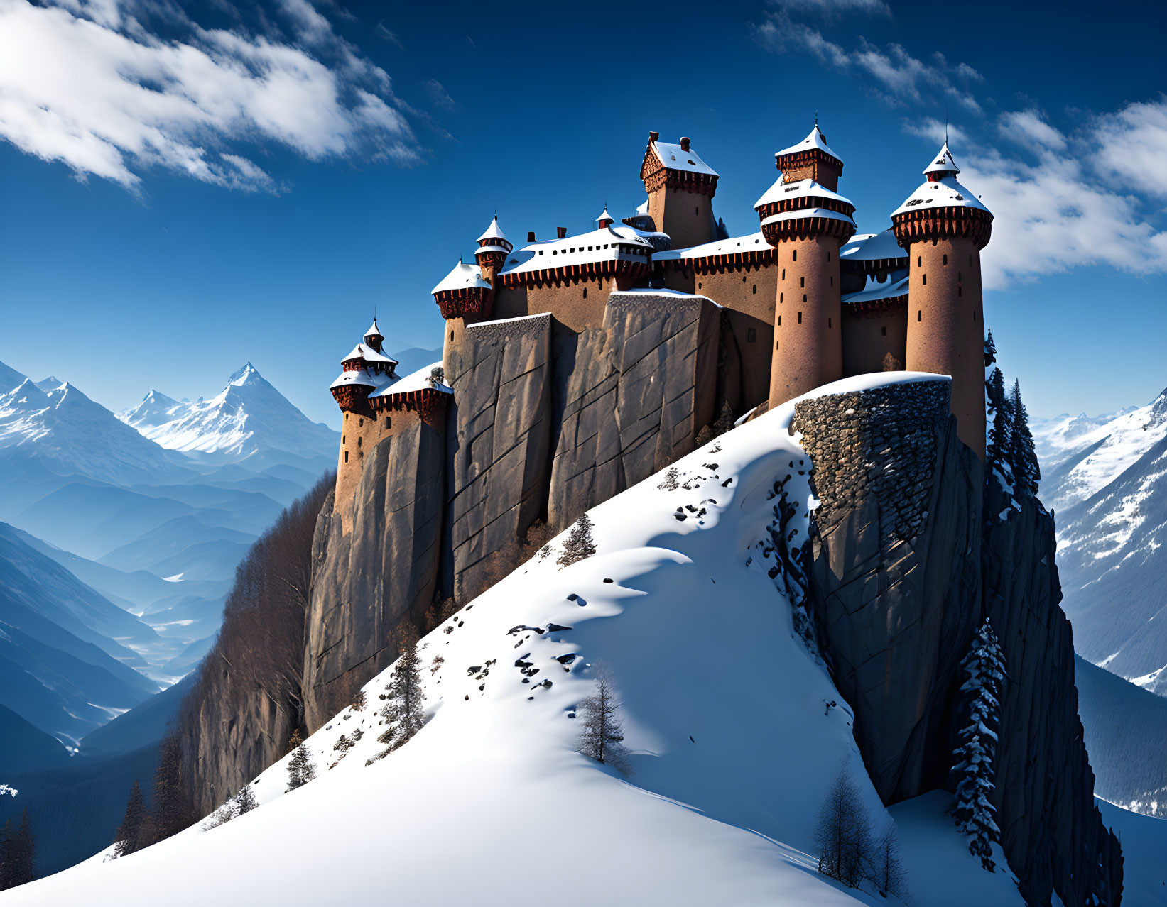 Snow-covered cliff castle with multiple towers amidst white-capped mountains