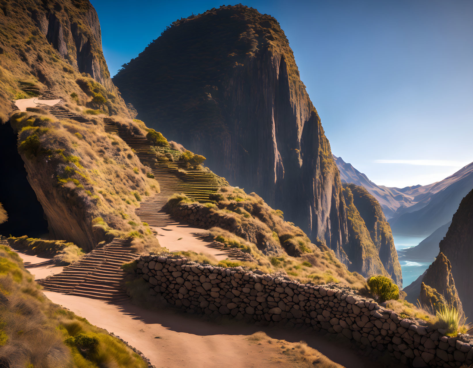 Mountain trail with terraced steps and steep cliffs under clear blue sky