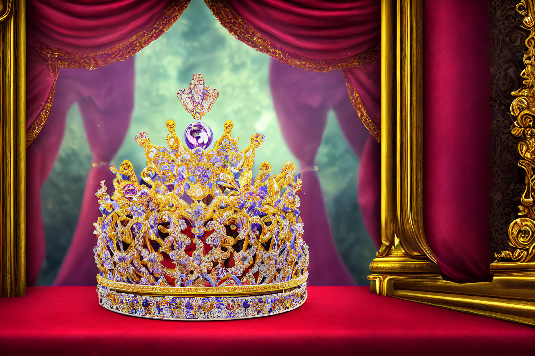 Golden Crown with Purple Gemstones and Pearls on Red Cushion Amid Velvet Curtains