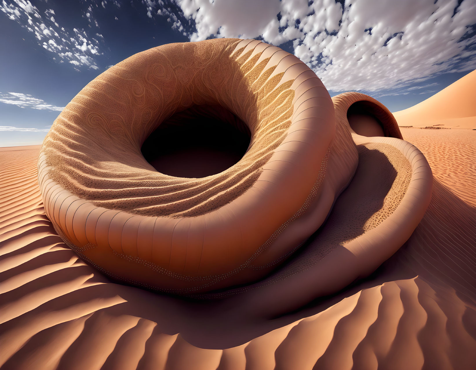 Surreal doughnut-shaped structure in desert landscape