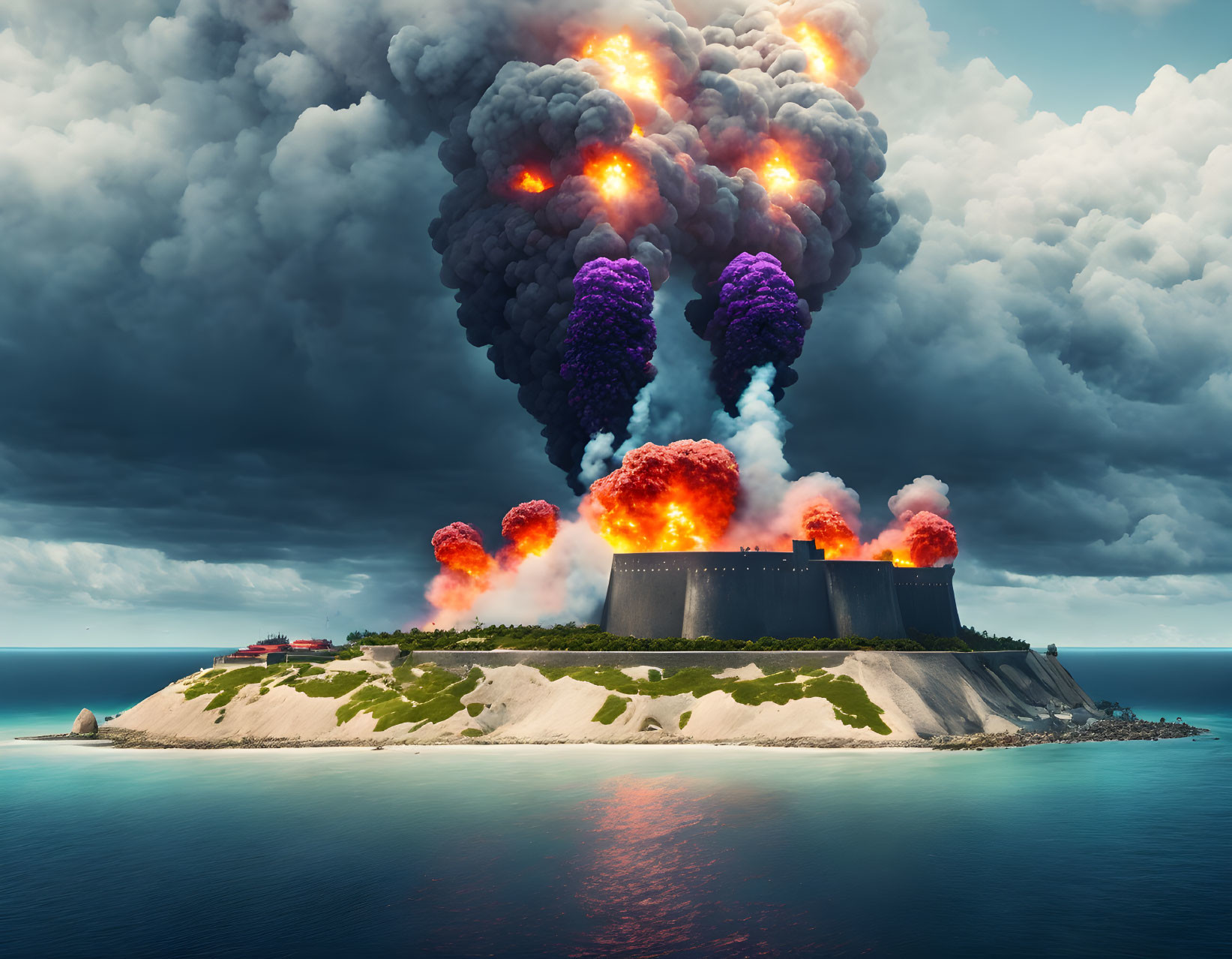 Island fortress explosion sends smoke and fire skyward