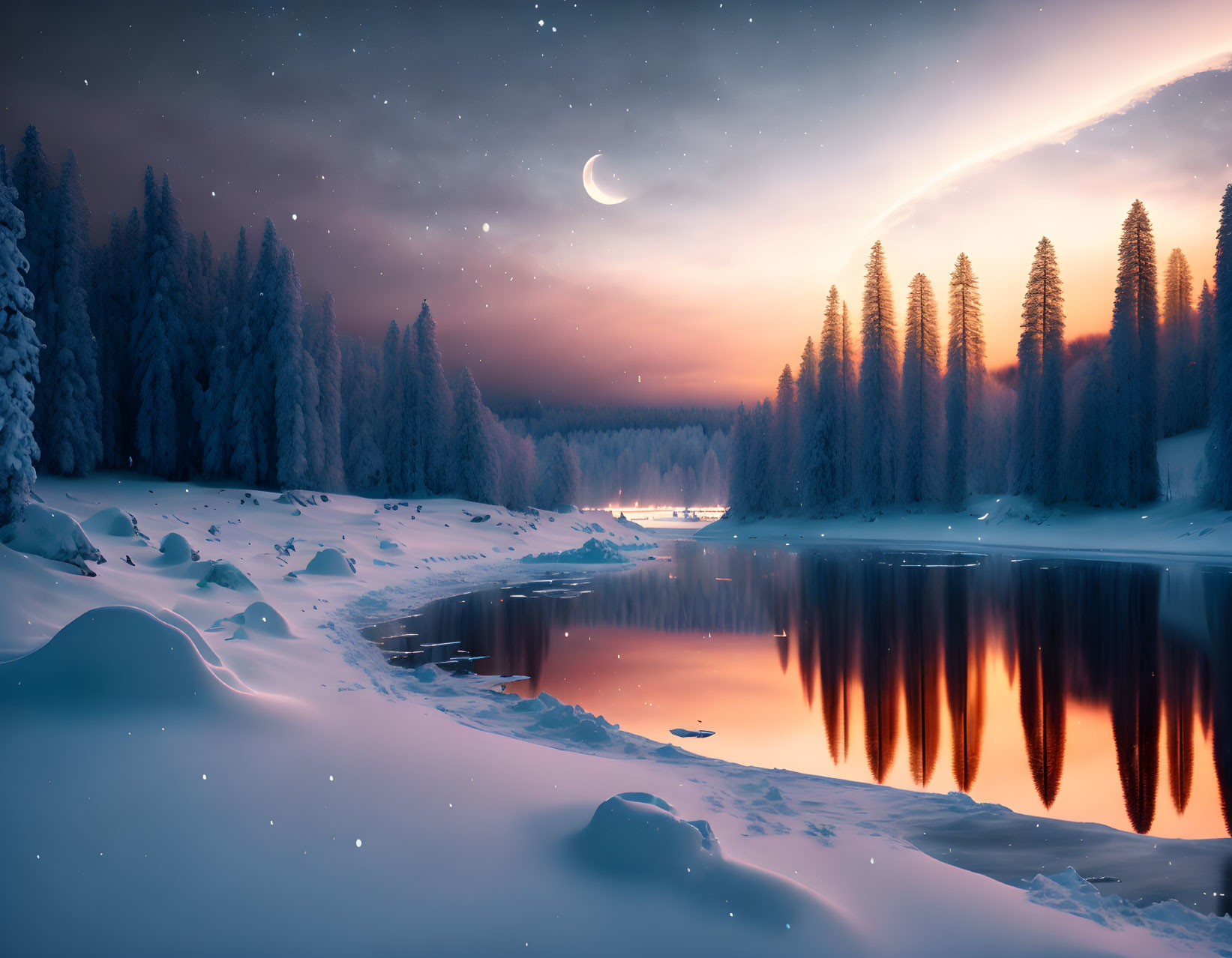 Snow-covered trees and crescent moon reflected in calm lake at winter night