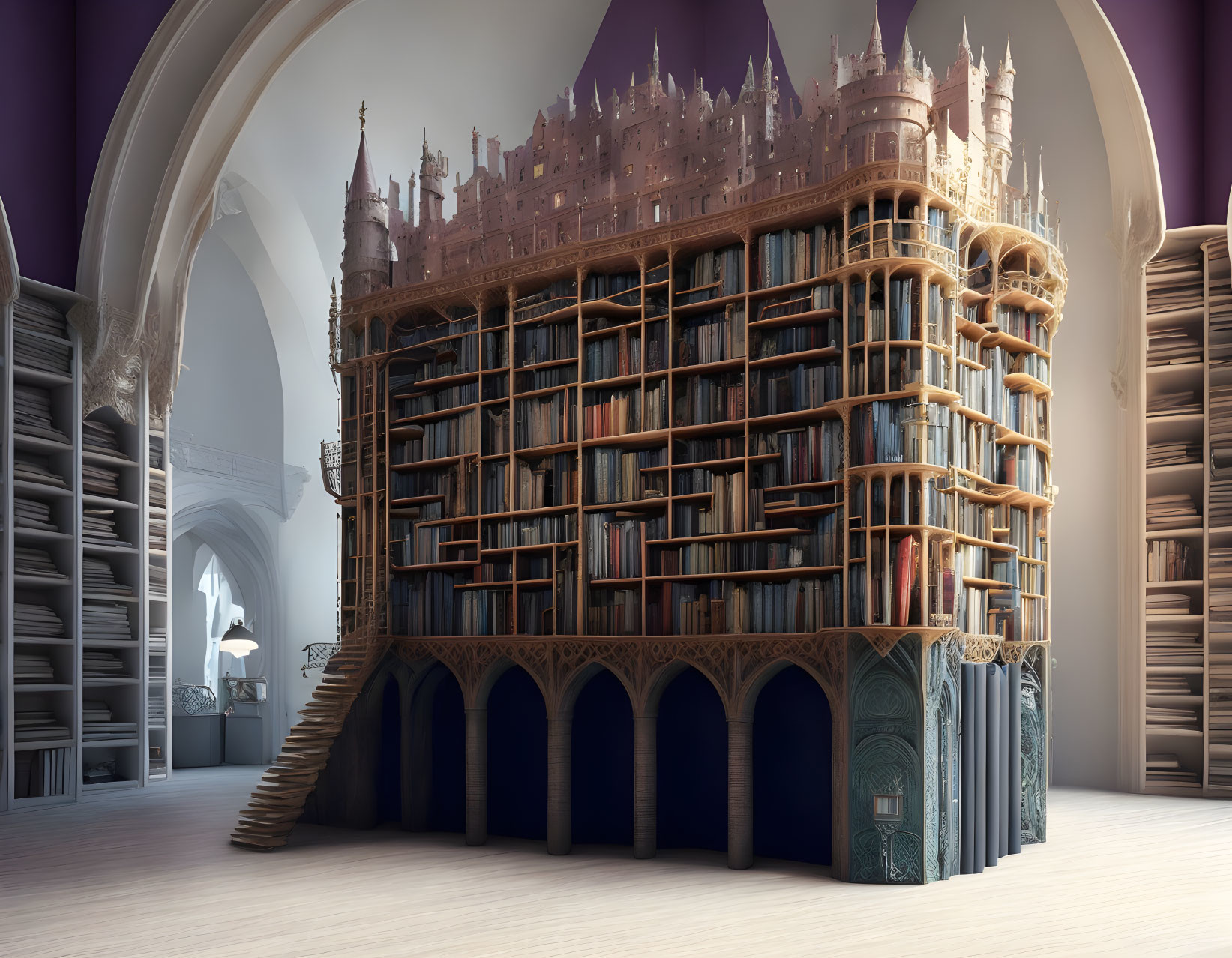 Castle-Shaped Wooden Bookshelf in Room with Arched Ceilings