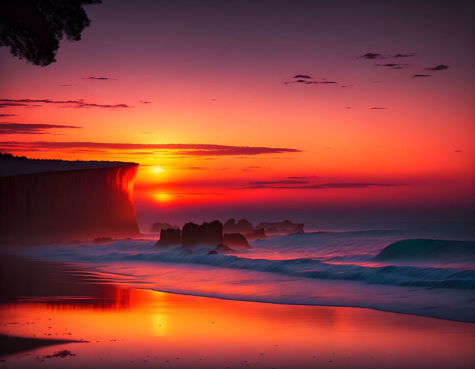 Dramatic cliff beach sunset with red skies & rock formations