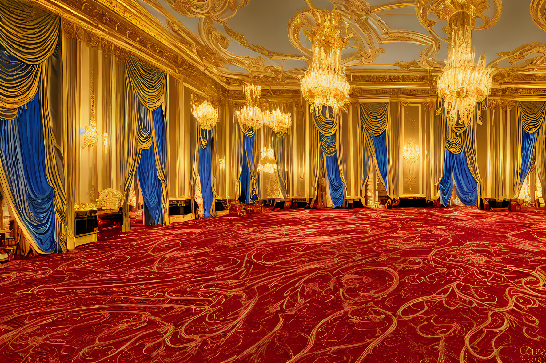 Luxurious Golden Walls, Ornate Chandeliers, Blue Draped Curtains, Red Carpet